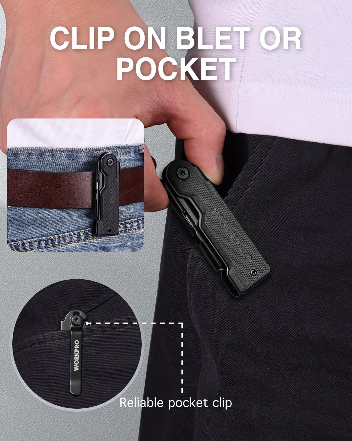 Black folding utility knife with pocket clip, attached to a denim pocket