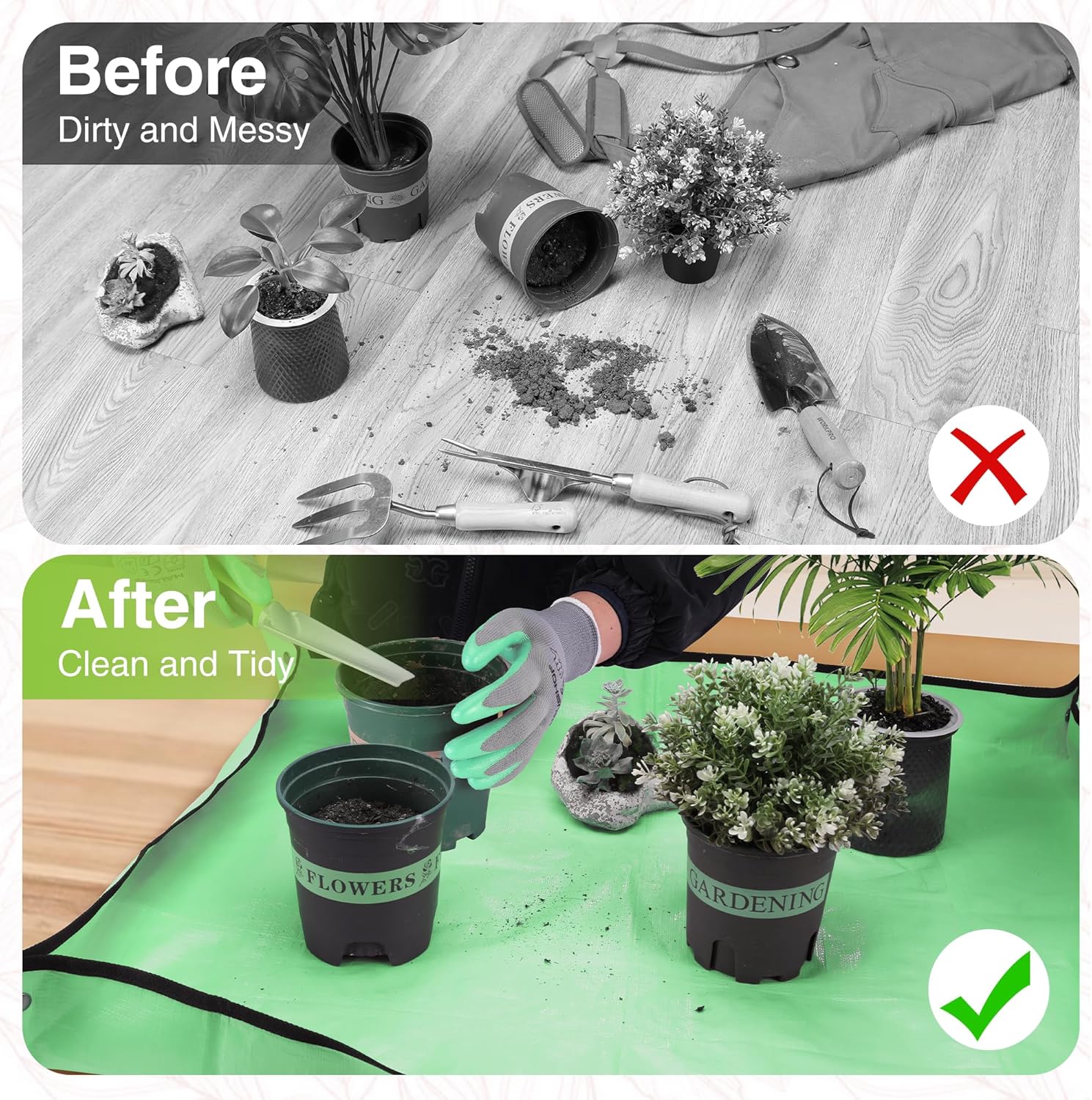 Powder-coated repotting mat with green gardening gloves and small aluminum tools
