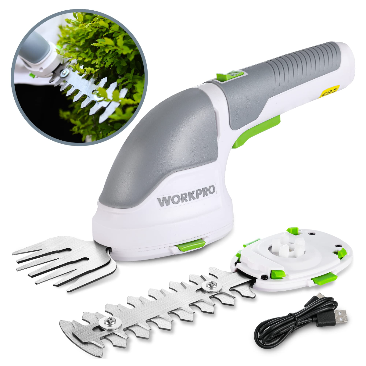 Handheld electric trimmer with white body, green accents, and two blade attachments