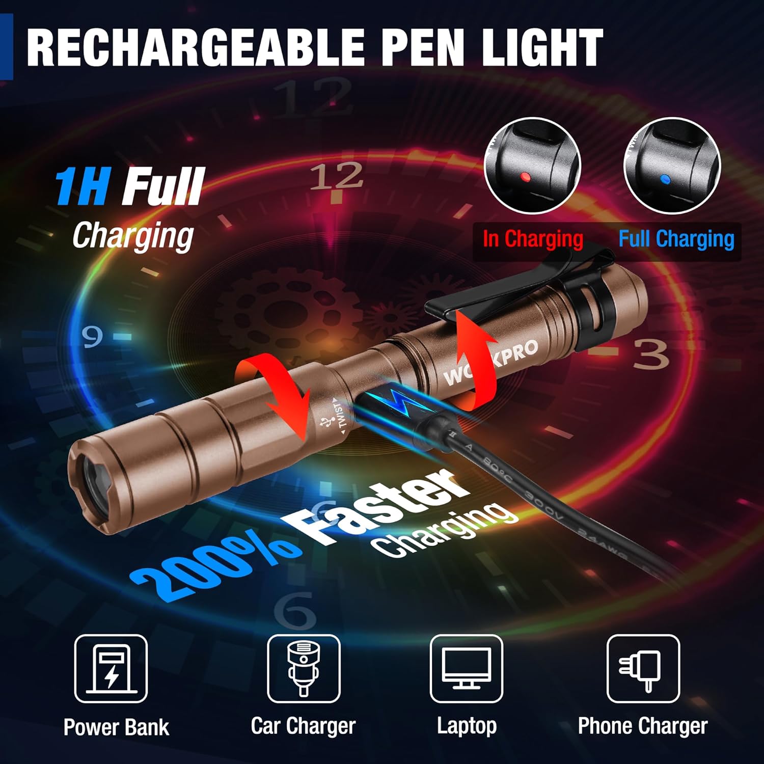 Brown rechargeable pen light with visible charging status indicators
