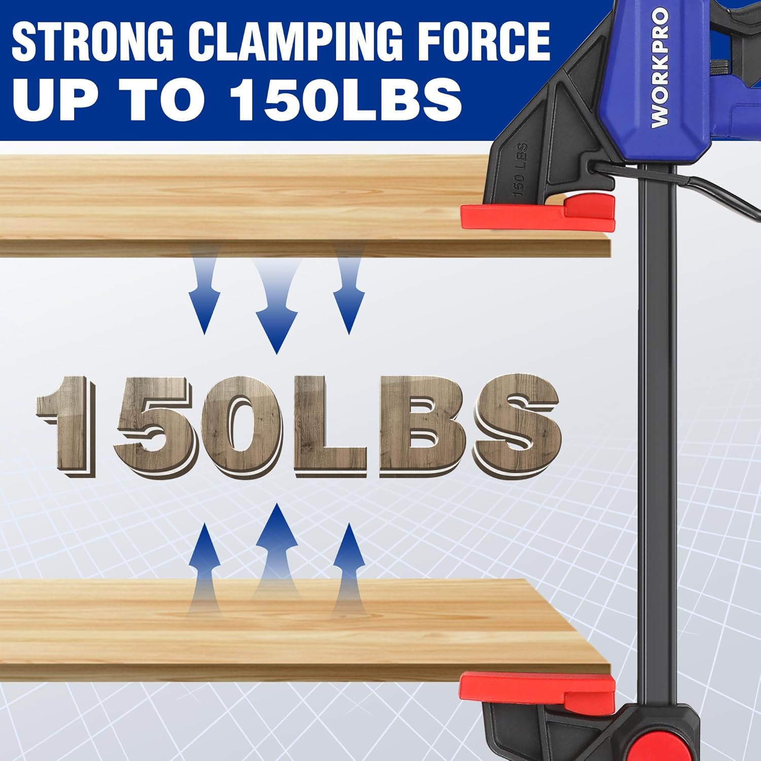 Bar clamp applying up to 150 lbs, with red jaw pads and blue trigger handle on steel bar