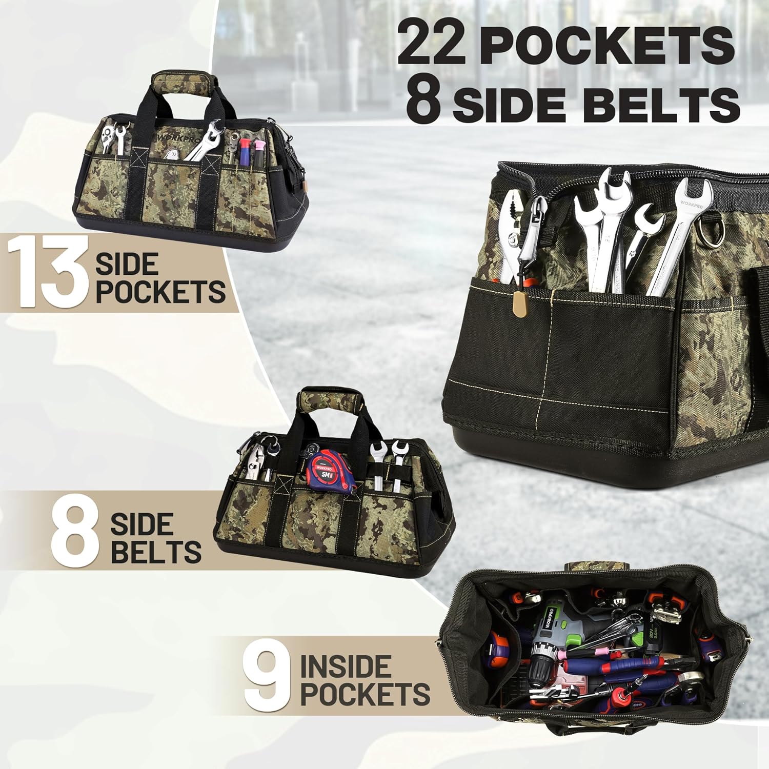 Camouflage tool bag with open top, multiple side pockets, and double-pull zipper closure