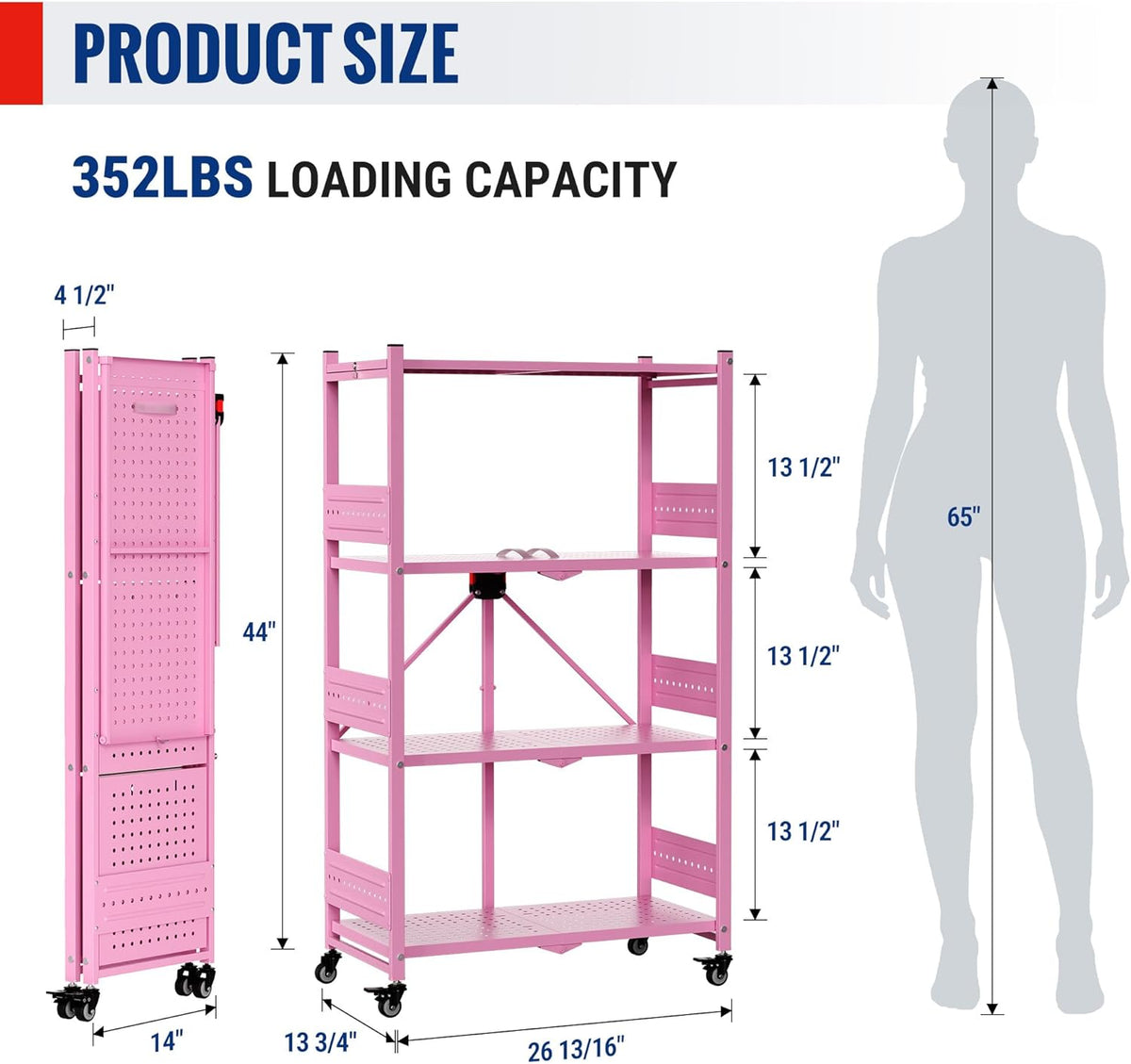 Pink 4-tier folding metal storage rack with perforated shelves and leveling feet