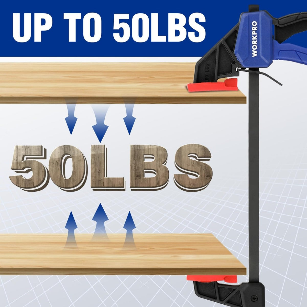 Mini bar clamp holding wood board, black frame with blue handle and red pads