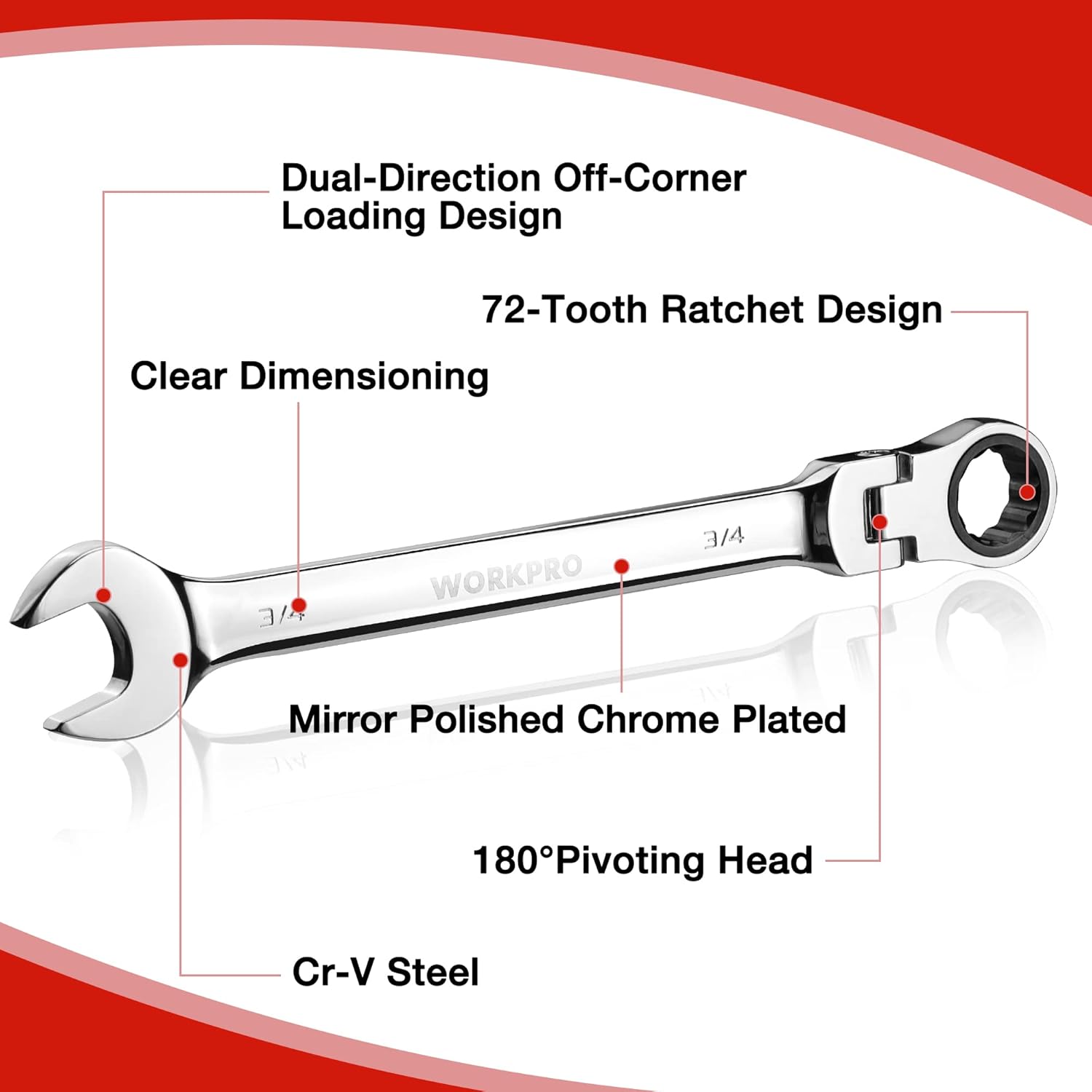 Chrome flex-head ratcheting wrench with 180° pivoting head and ratchet design