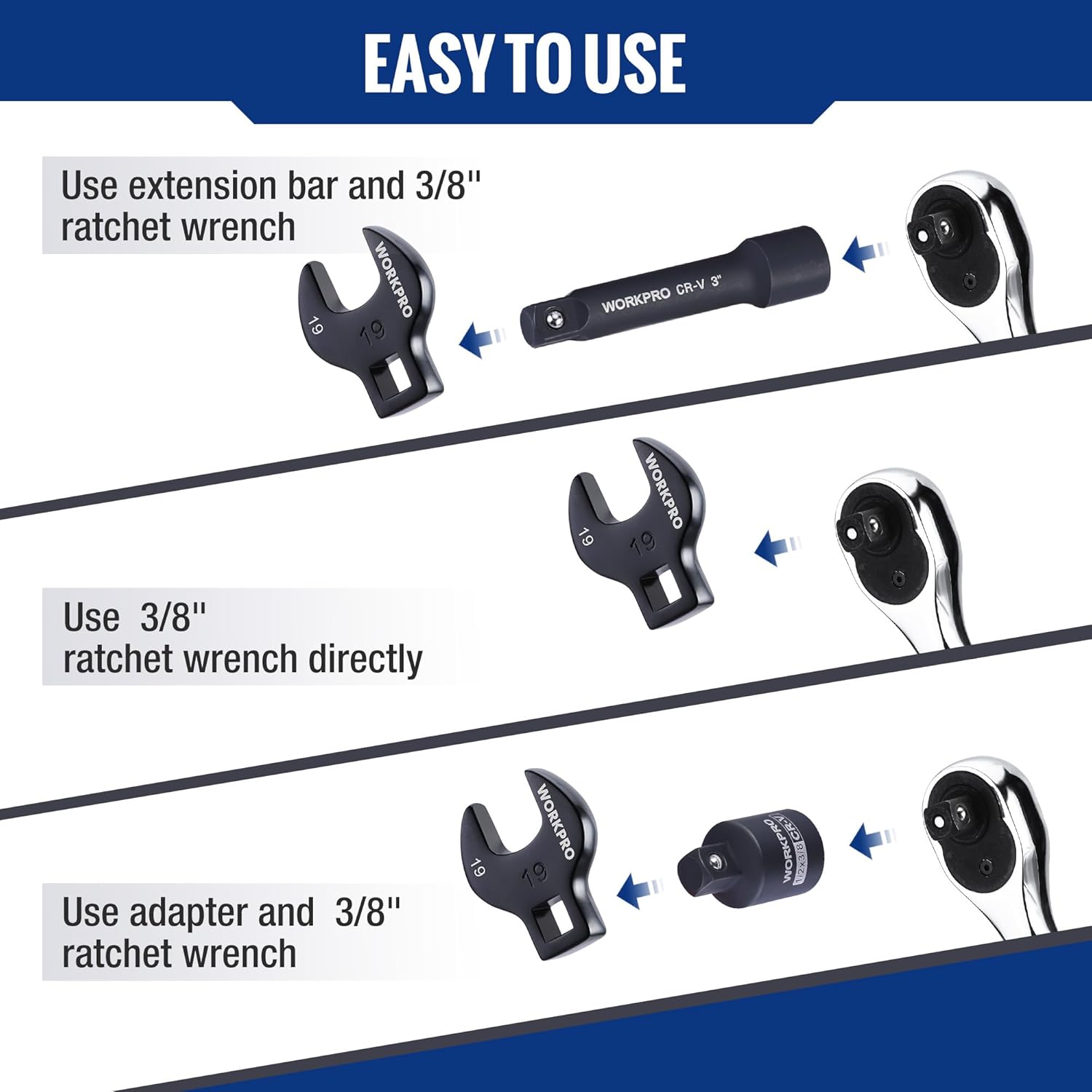 Metric crowfoot wrench with 3/8 drive adapter and extension bar for use in tight spaces