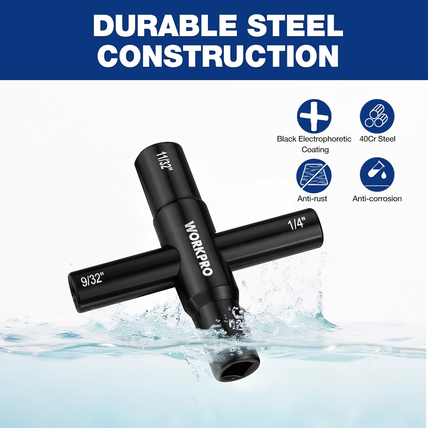Black WORKPRO 4-in-1 universal valve wrench key with multiple socket ends