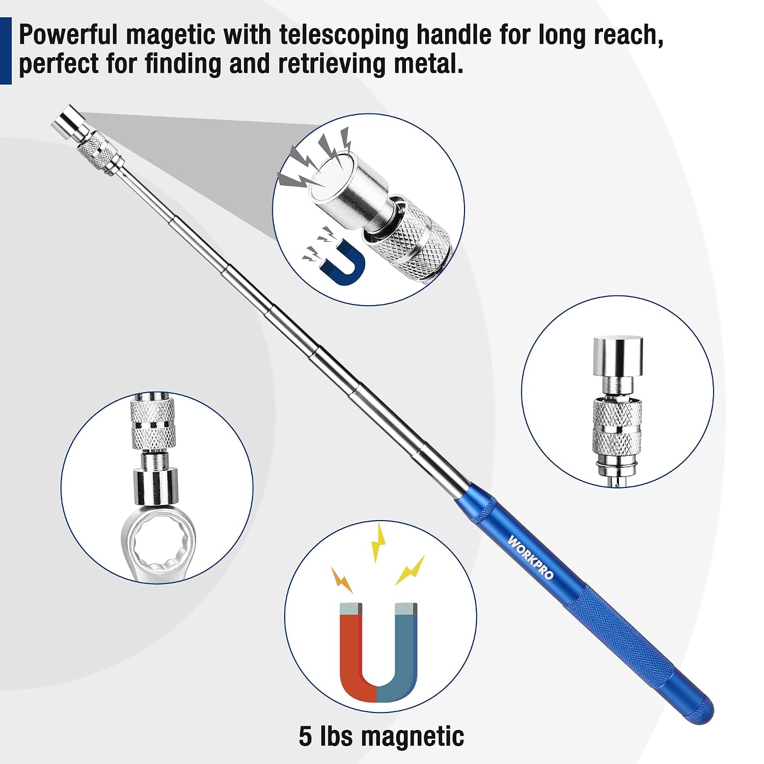 Telescoping magnetic pickup tool with blue handle and metal U-magnet tip