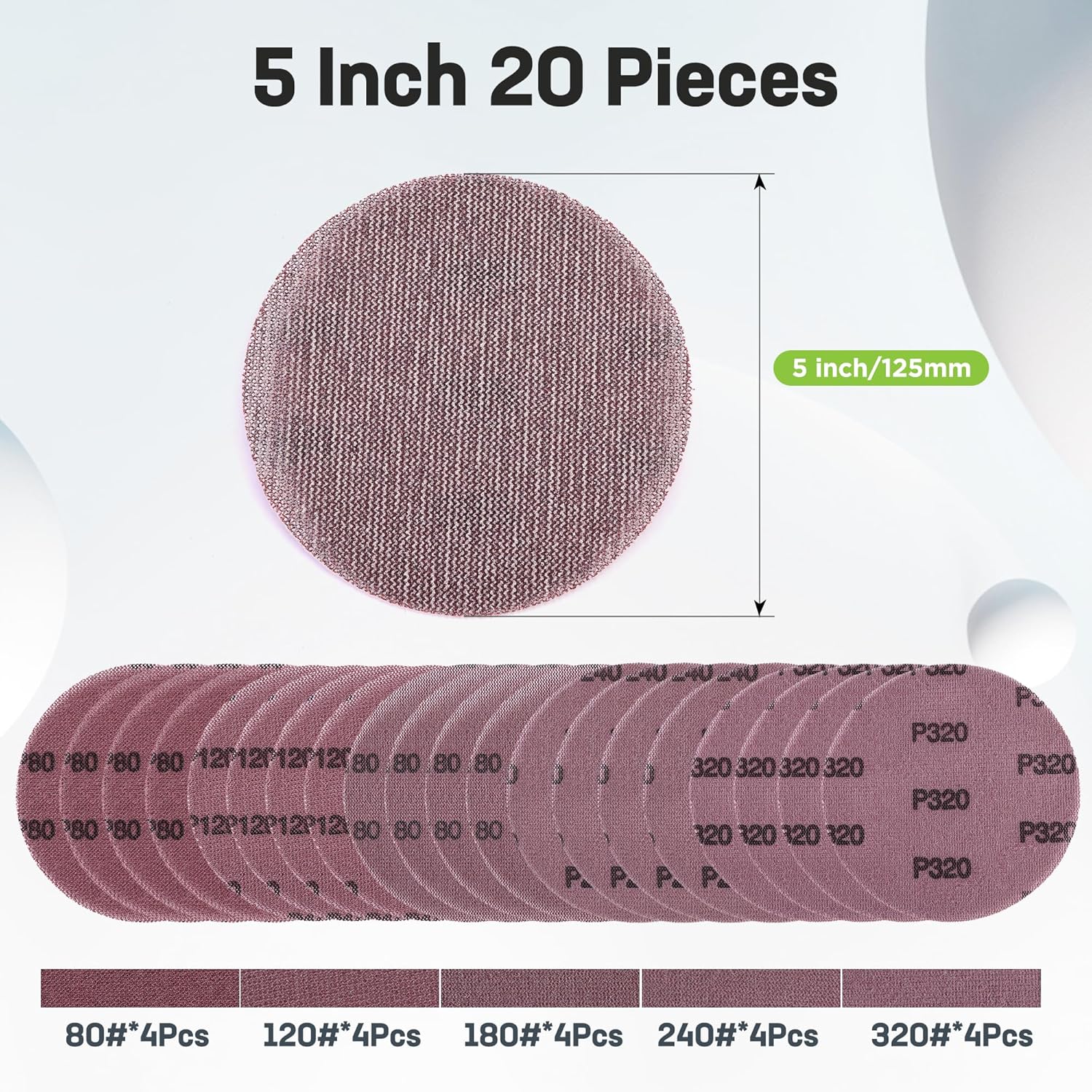 Purple-brown 5-inch sanding disc and stacked discs in a 20-piece set