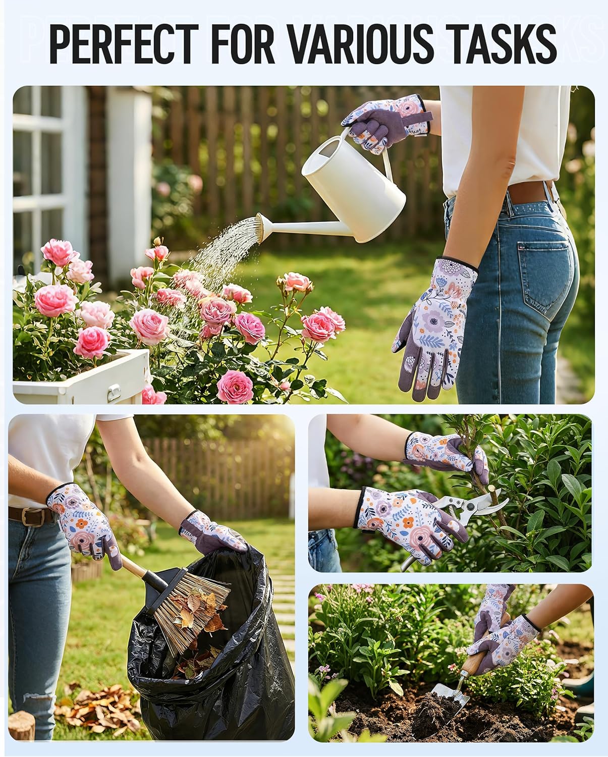 Floral gardening gloves for various tasks, with purple palms and cuffs
