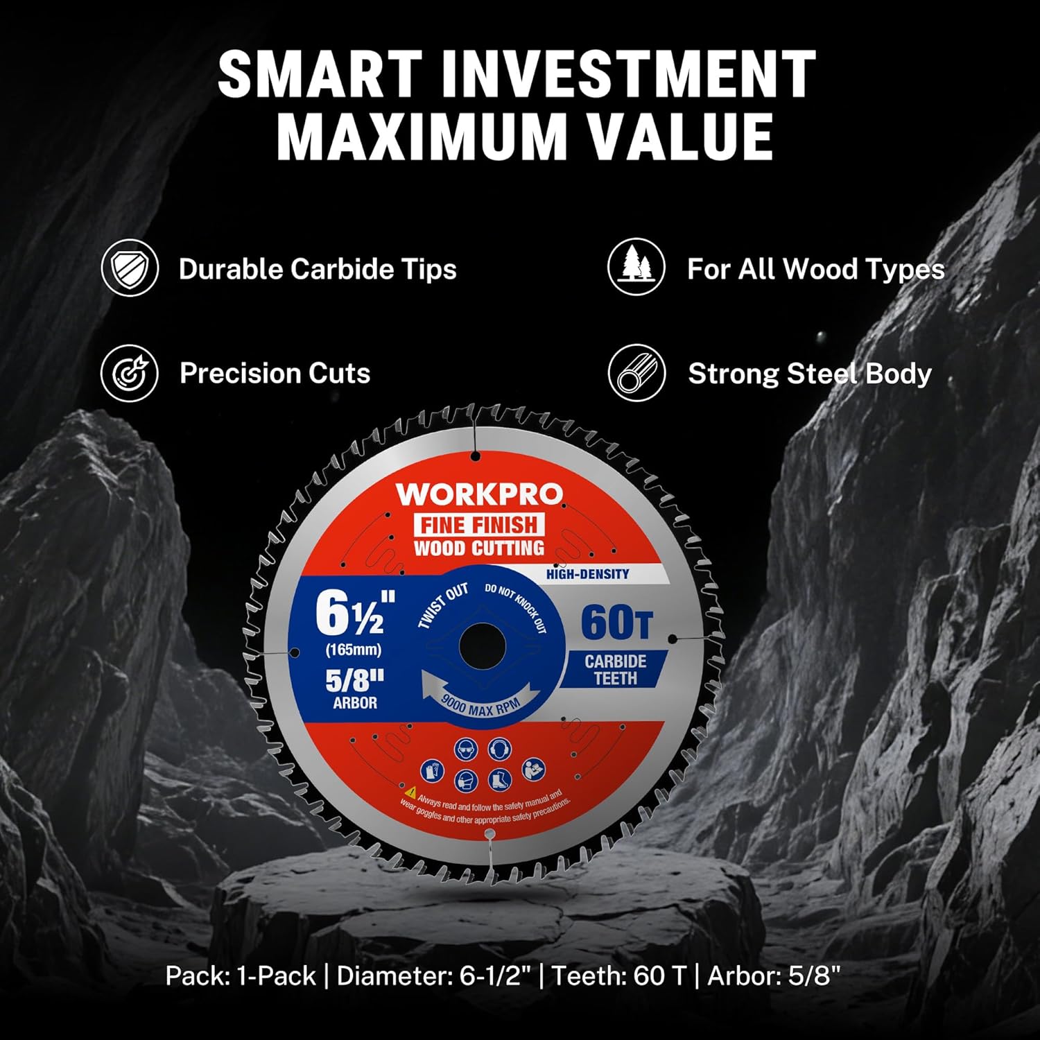 WORKPRO fine finish blade, 6-1/2 in dia, 60T carbide teeth, 5/8 in arbor