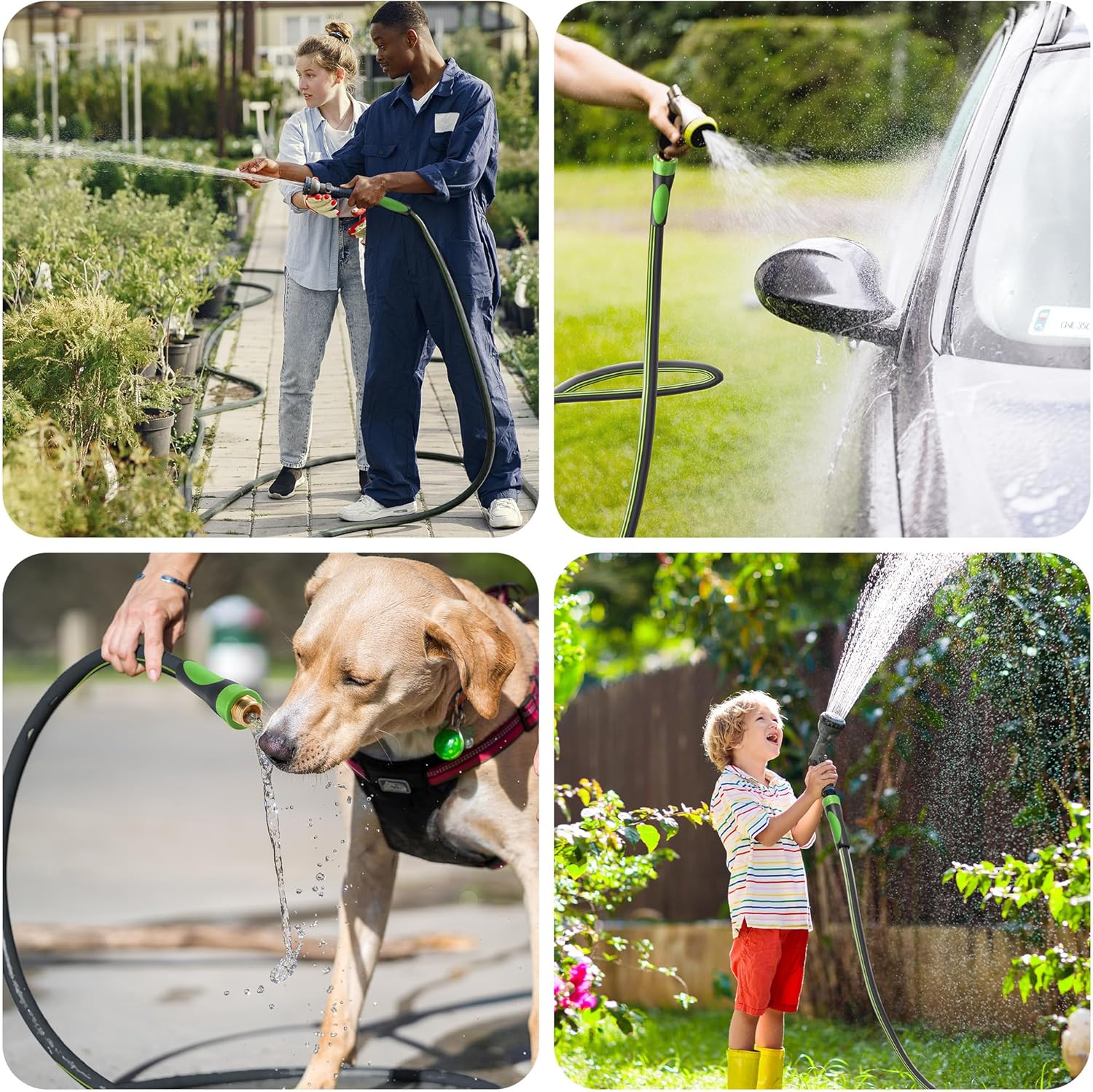 Hybrid garden hose with green nozzle spraying water, green-and-black hose visible.