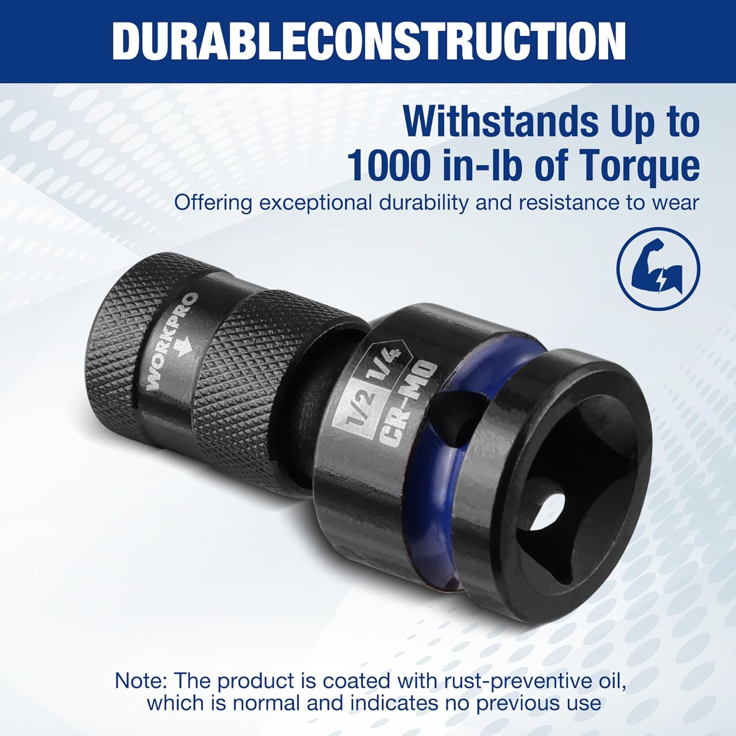 Black impact socket adapter with blue ring and textured sleeve, durable CR-MO construction