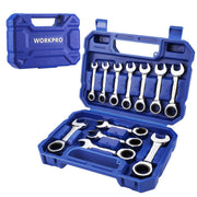 WORKPRO stubby ratcheting wrench set with metric wrenches in blue plastic case