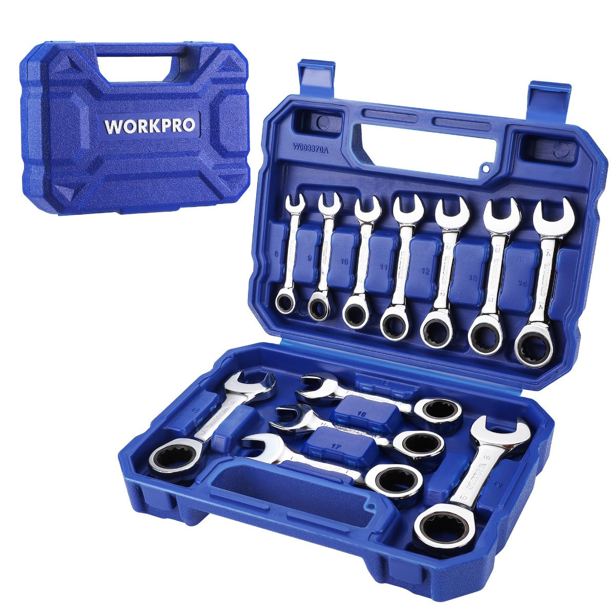 WORKPRO stubby ratcheting wrench set with metric wrenches in blue plastic case