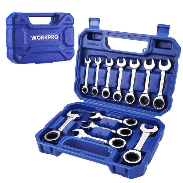 WORKPRO 12-piece Stubby Ratcheting Wrench Set, Metric 8-19mm, 72-Tooth, Cr-V Steel