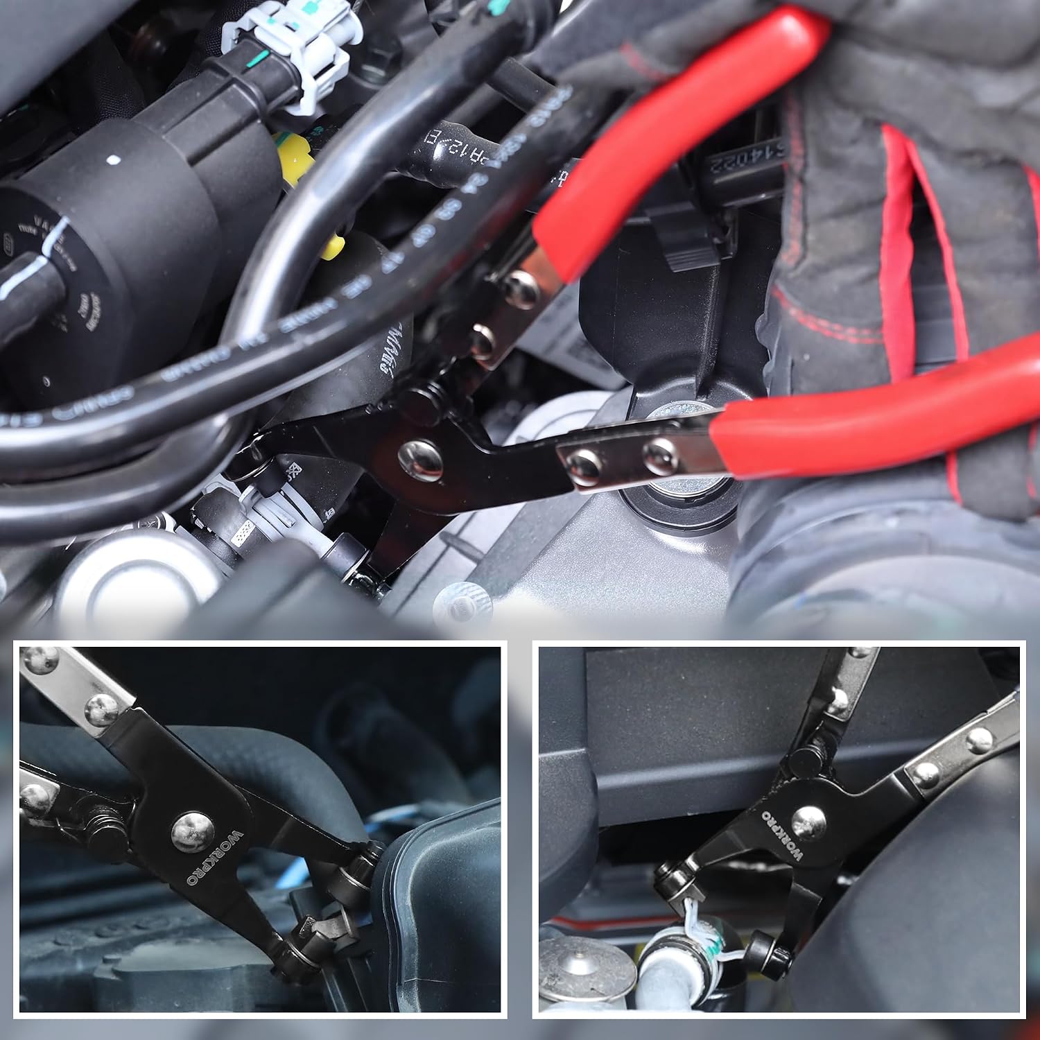 Hose clamp pliers in use on an engine bay, gripping a metal hose clamp ring