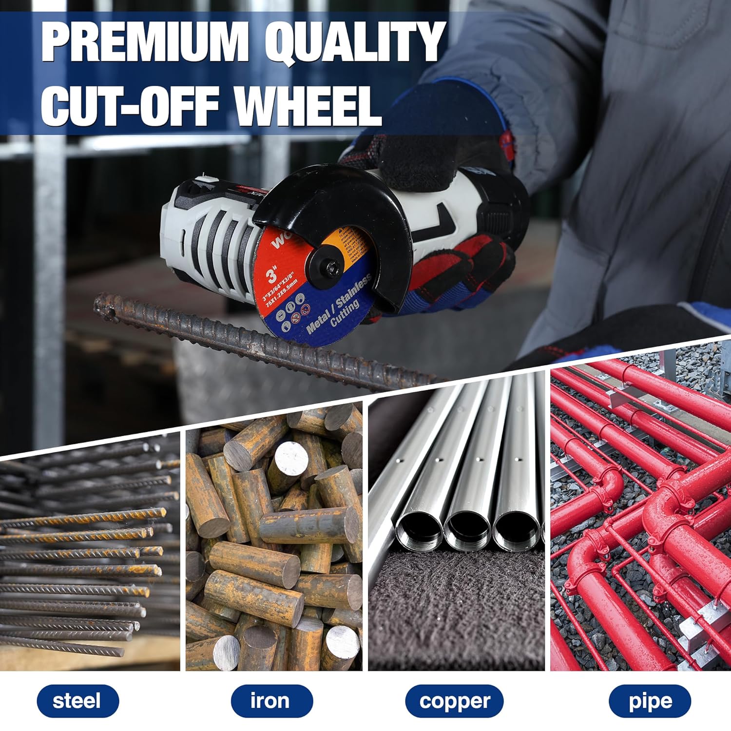 Angle grinder using a WORKPRO cut-off wheel to cut metal, sparks near workpiece