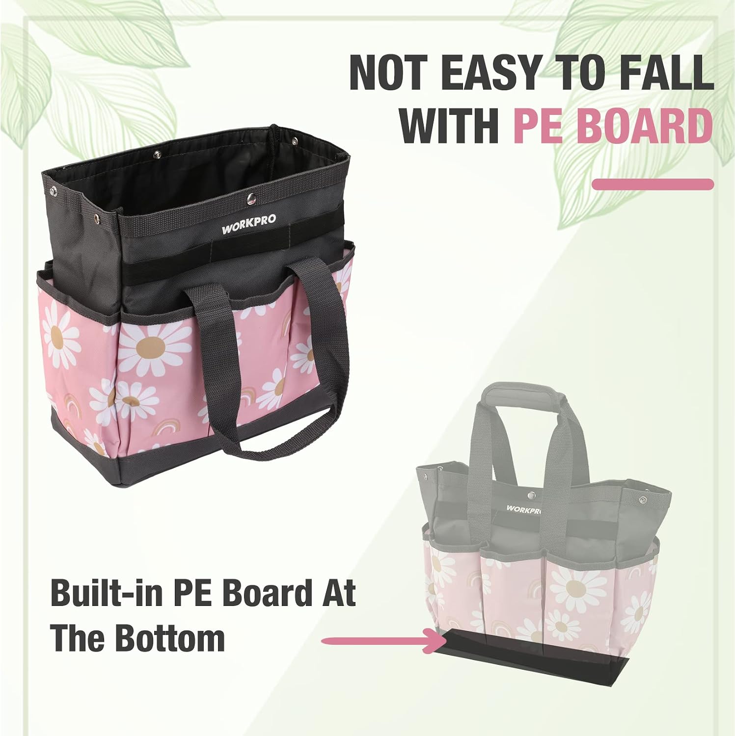 WORKPRO garden tool bag with reinforced bottom, pink floral fabric sides, and black handles