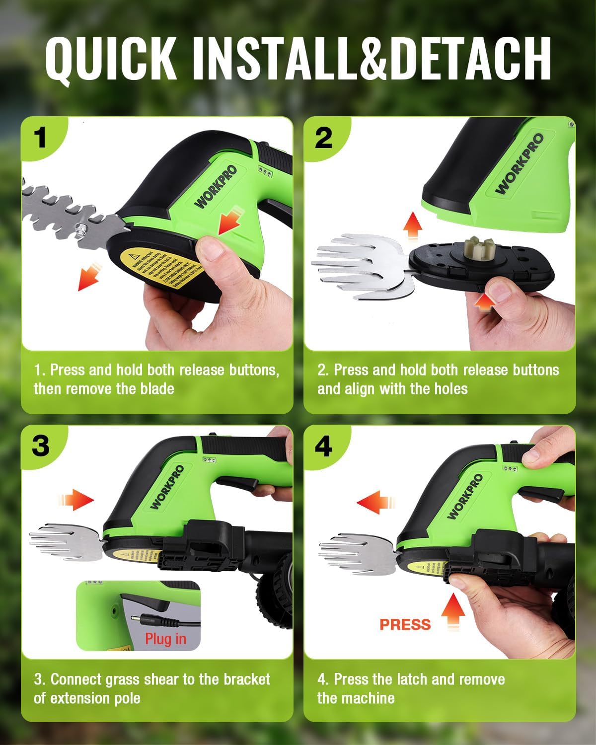 Cordless grass shear blade quick-install mechanism with hands swapping the grass blade