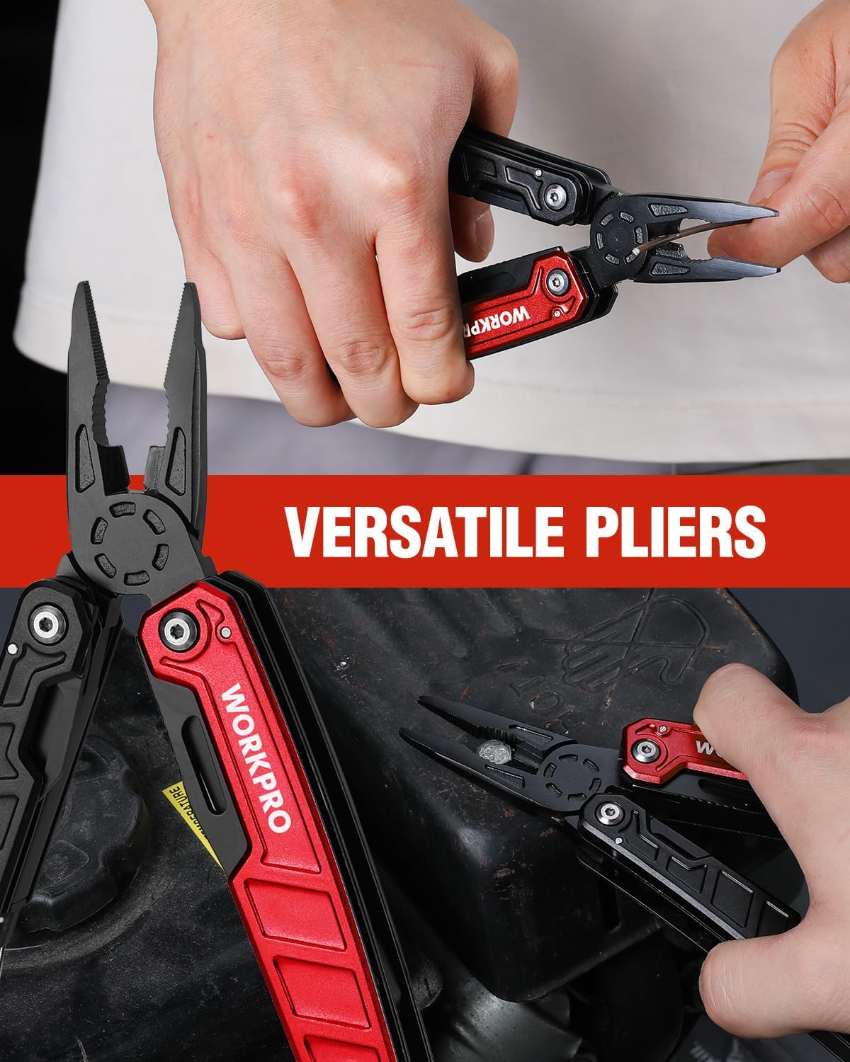 Red-and-black multitool pliers with needle-nose jaws and blades for cutting