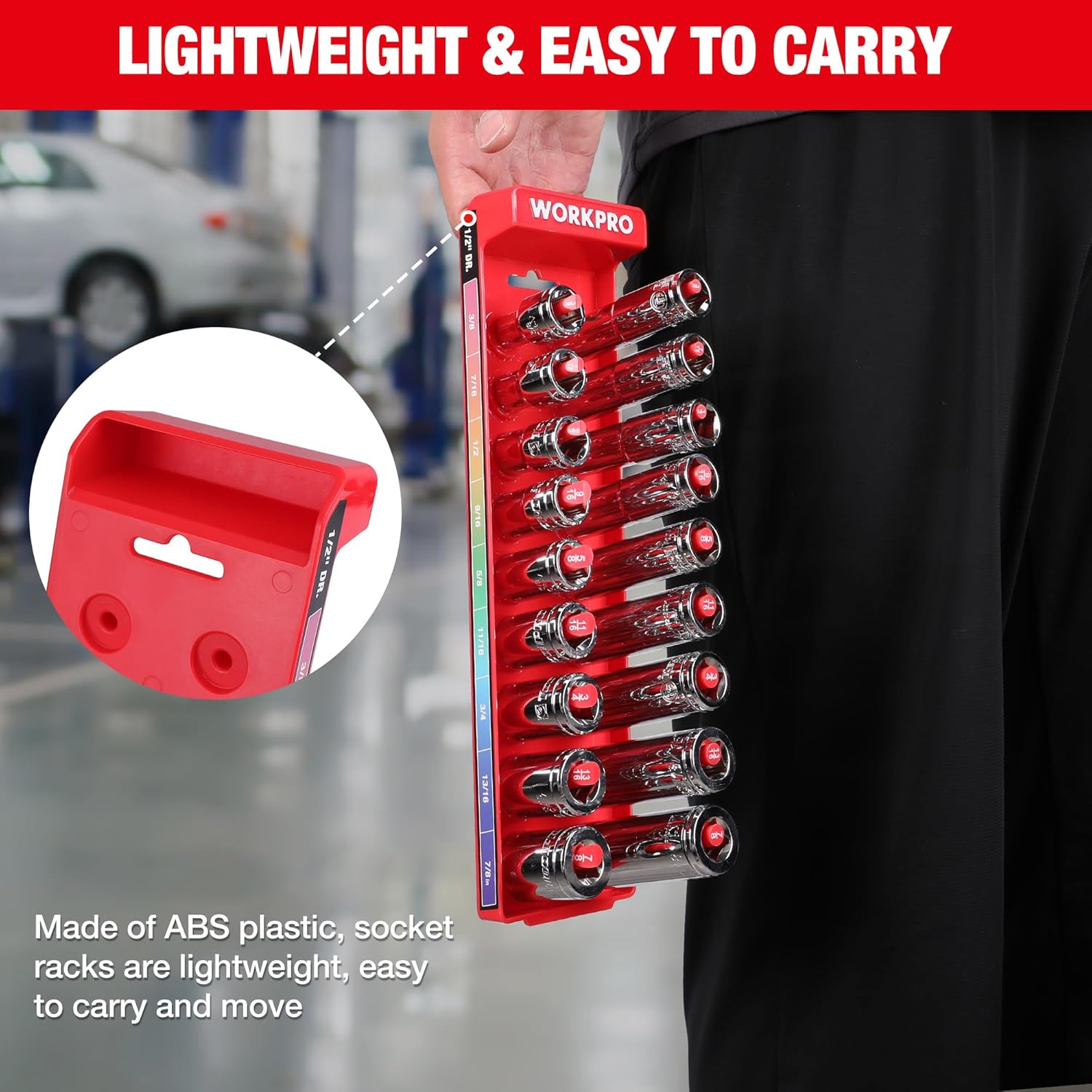 Red lightweight socket organizer with hanging slots, shown with included chrome sockets