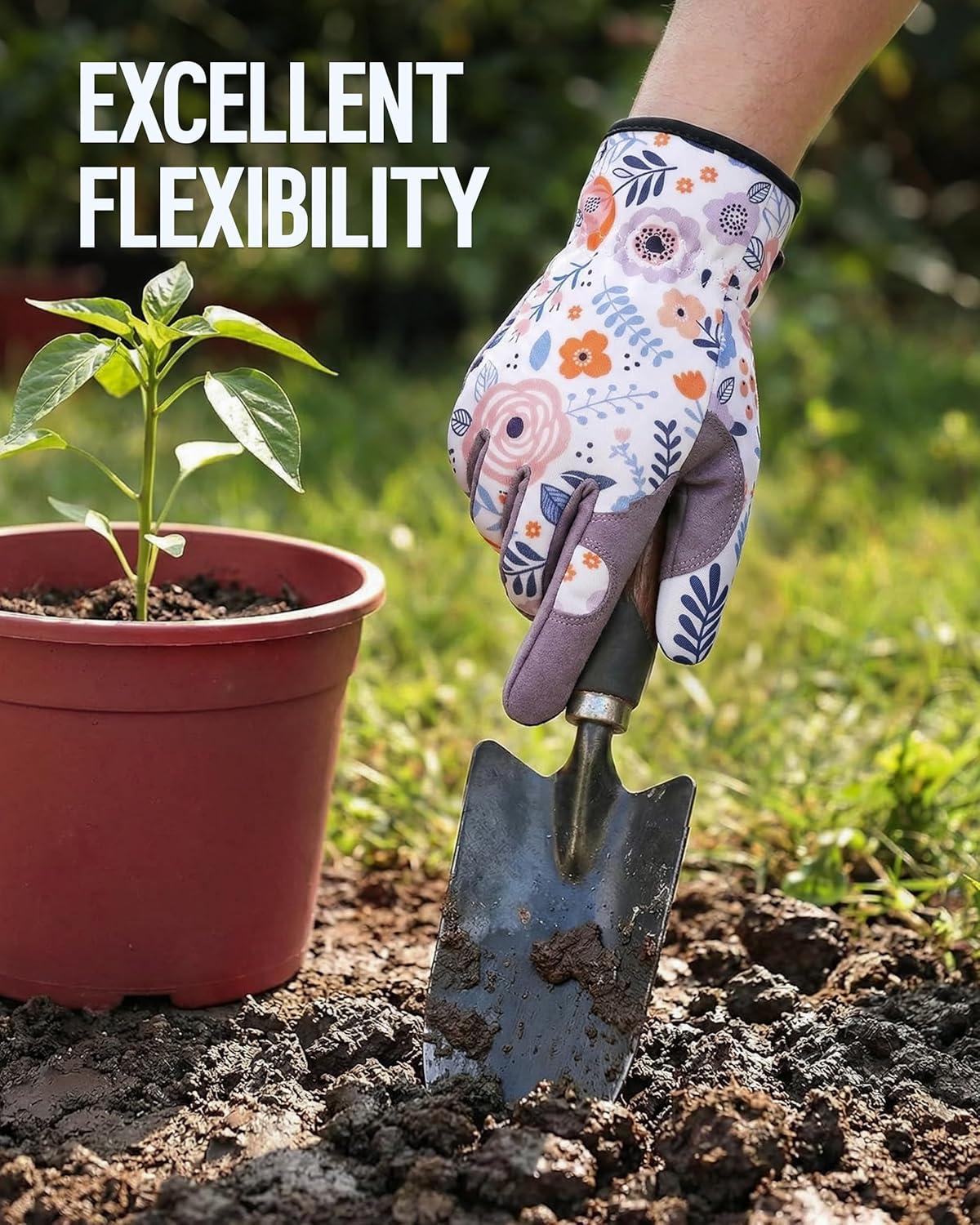 Floral gardening gloves with flexible fit for digging and planting
