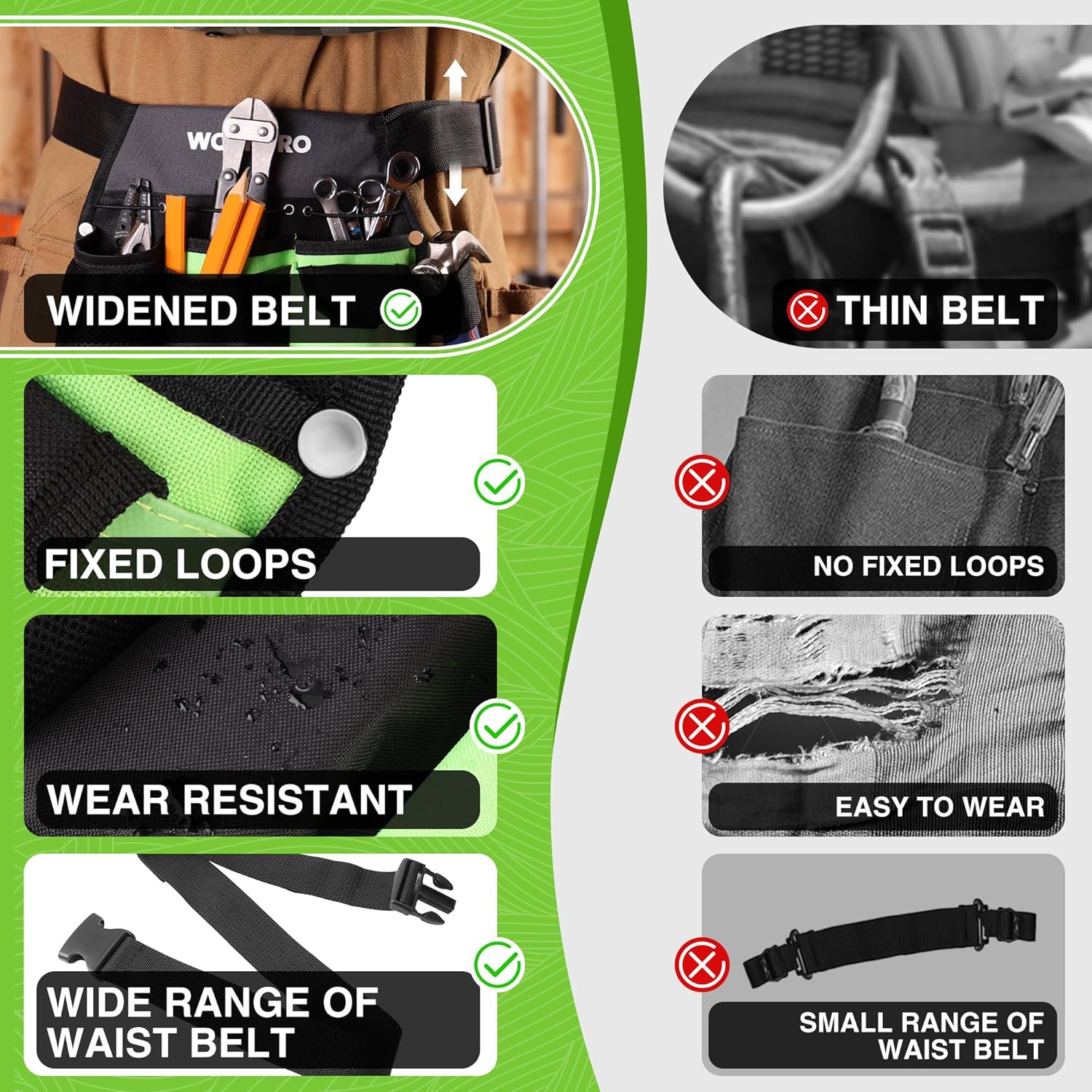 Widened waist strap tool belt pouch with reinforced loops and black-and-green pocket layout