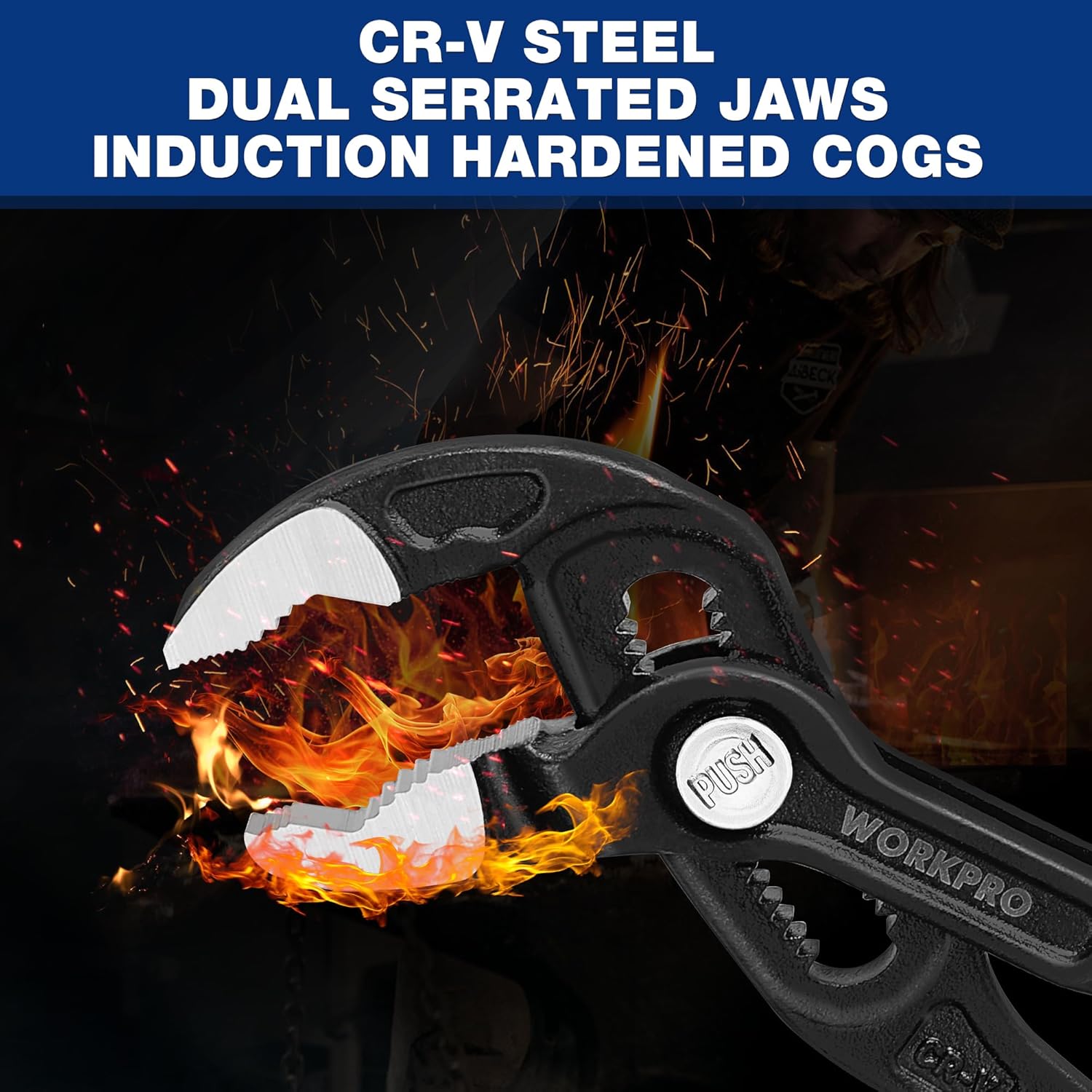 CR-V steel water pump pliers with dual serrated jaws and hardened toothed grip