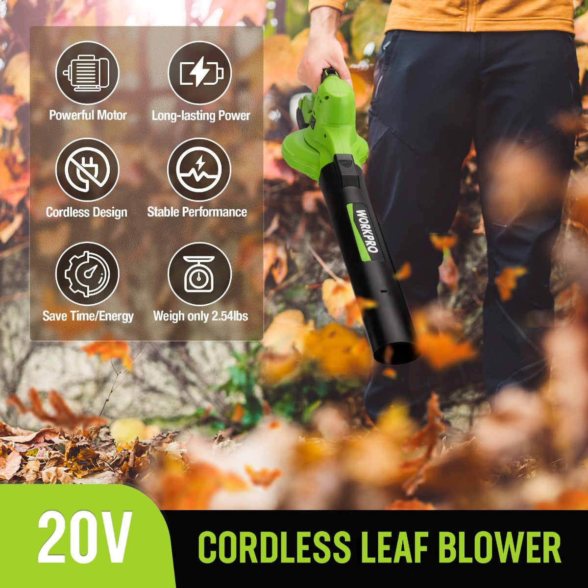 Green cordless leaf blower with black nozzle, held in hand