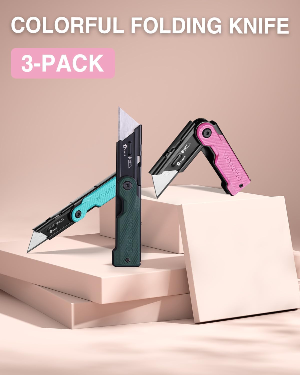 3-pack folding utility knives set with teal, green, and pink G10 handles.