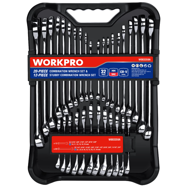 WORKPRO 32 Pcs SAE & Metric Combination 12 PT Regular and Stubby Wrench Set