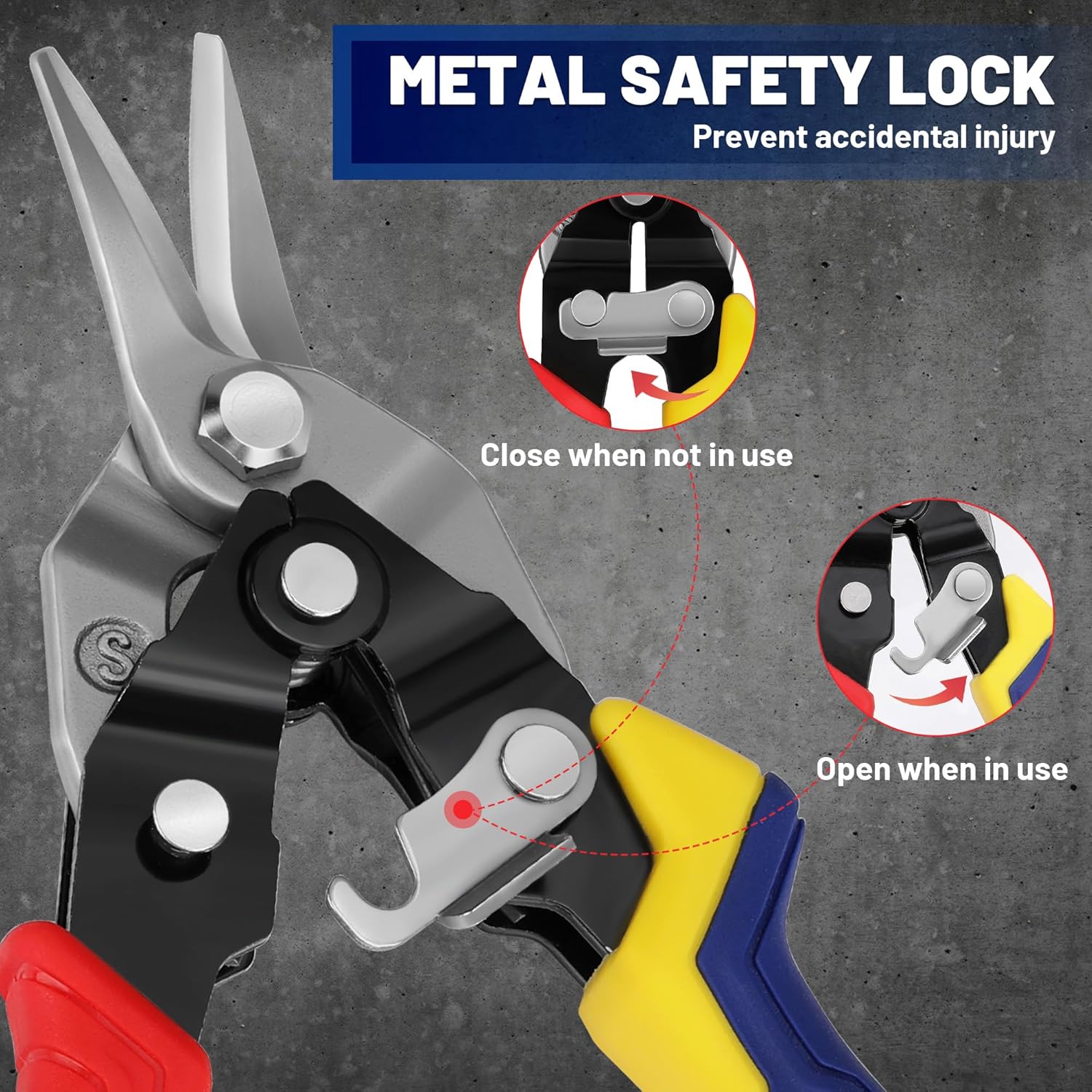 Tin snips with metal safety lock latch and steel shear head, red, yellow, and blue handles