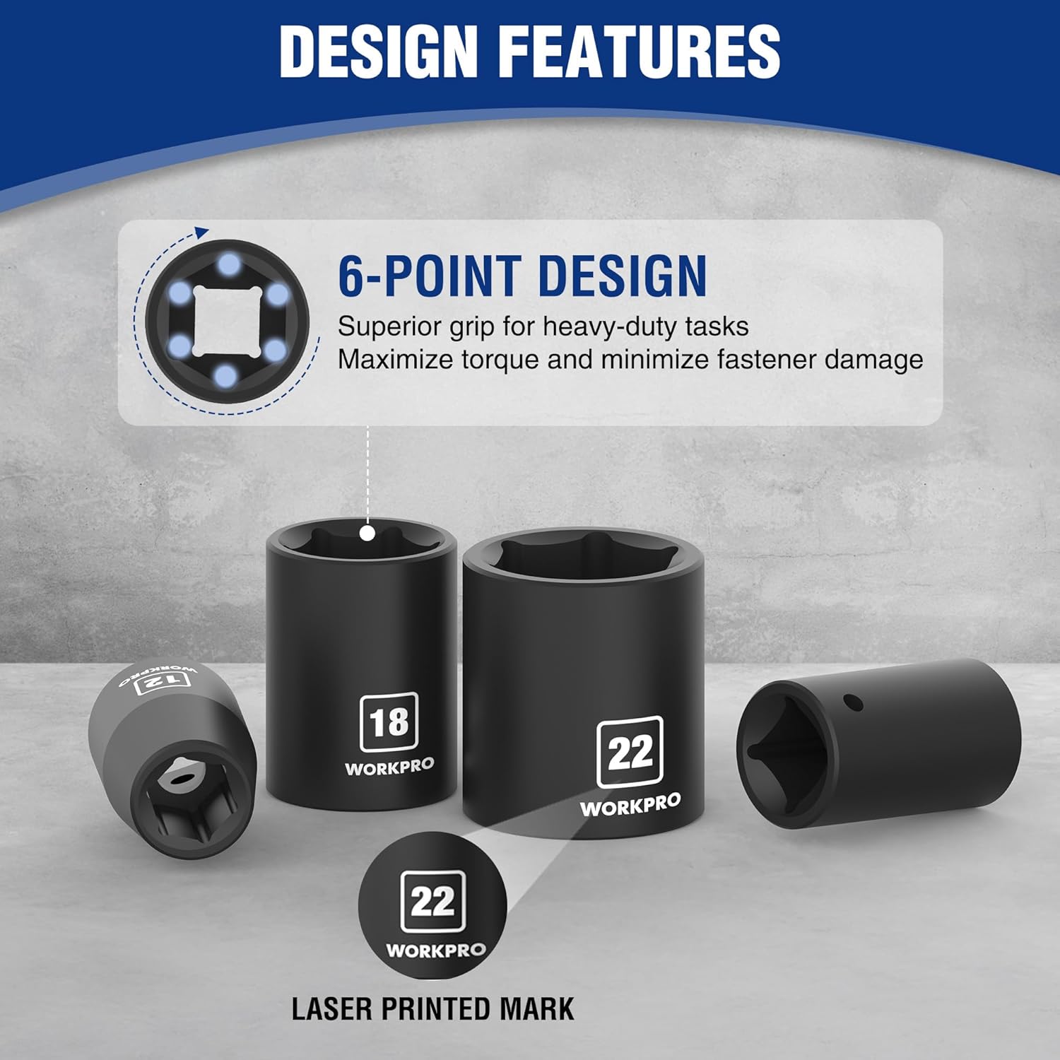 WORKPRO 1/2in drive 6-point shallow impact sockets with metric 18mm and 22mm