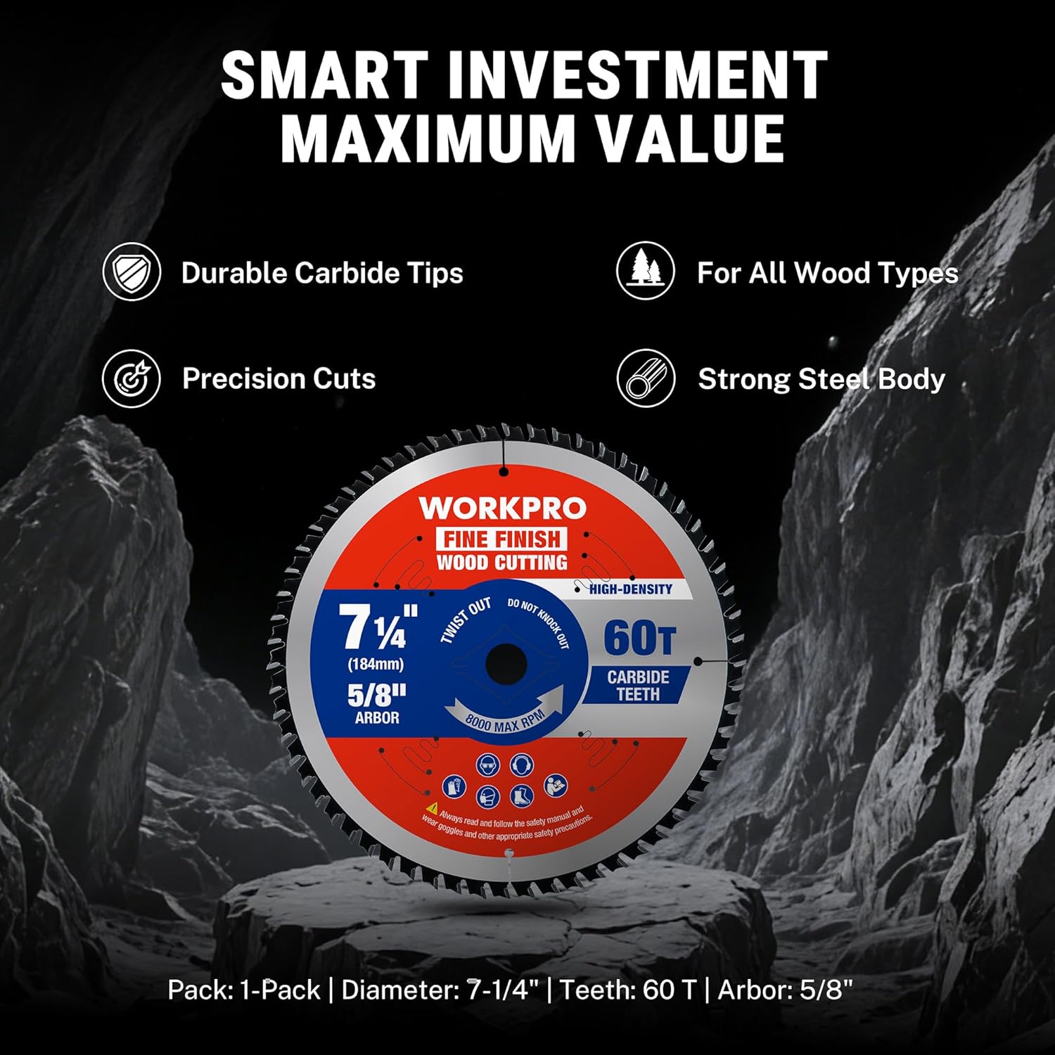 WORKPRO 7-1/4 in circular saw blade, 60T carbide teeth, 5/8 in arbor
