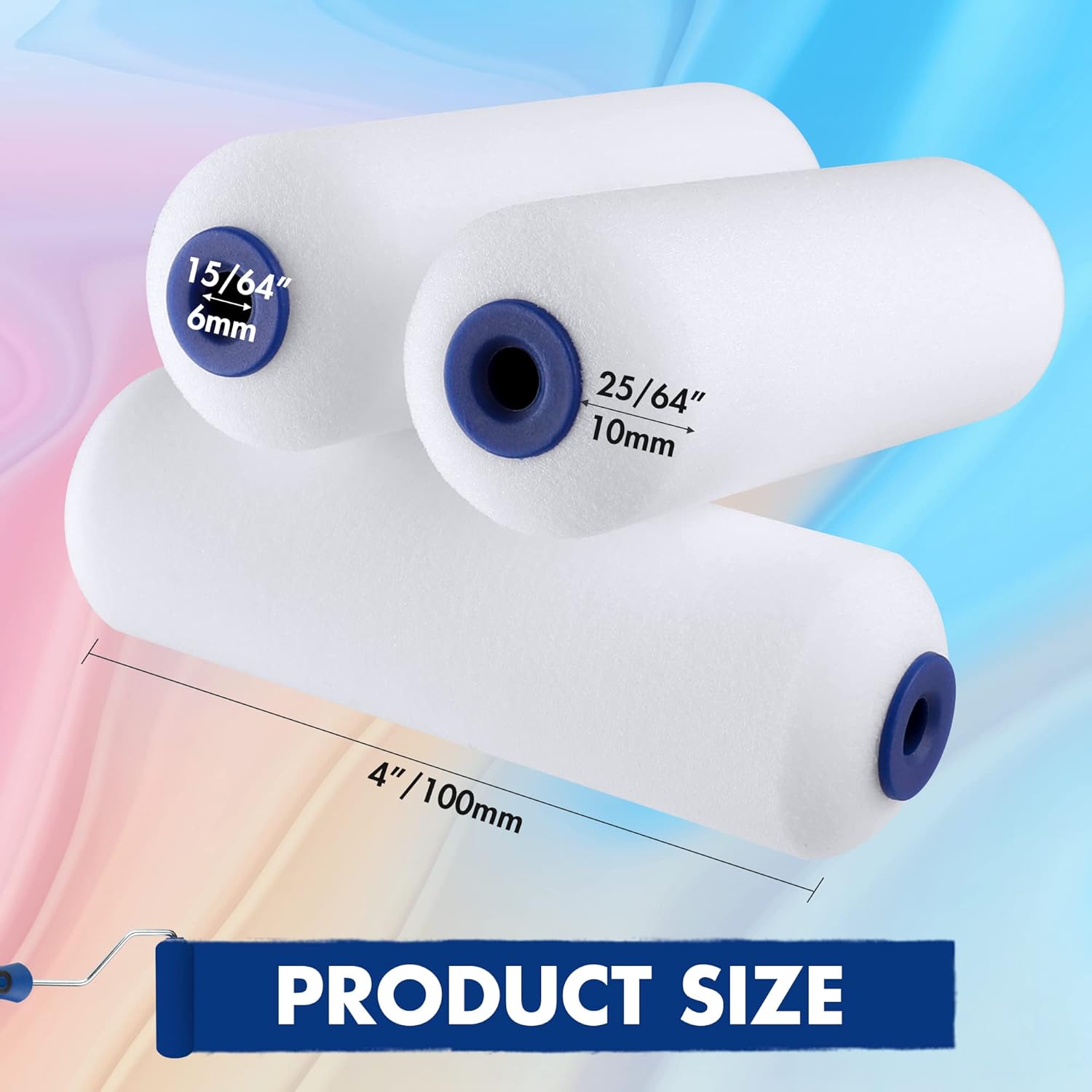 Mini foam paint roller sleeve set, white foam with blue core, labeled 4 in/100 mm