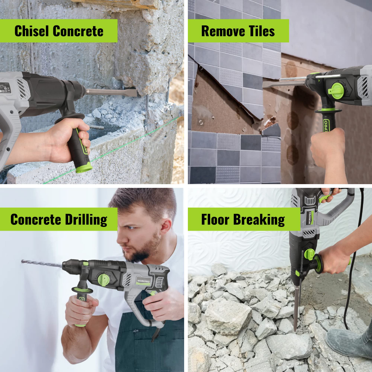 Hand holding WORKPRO corded rotary hammer drill on concrete and tile surfaces