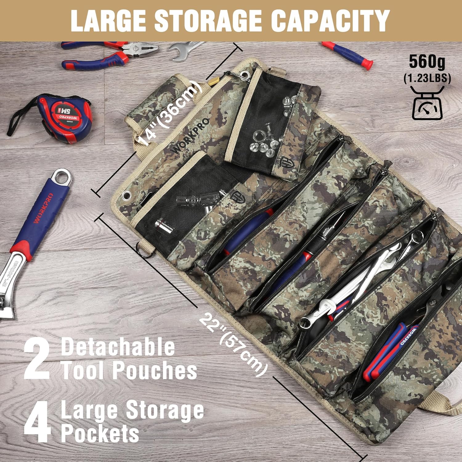 Camo roll tool bag with 4 large pockets and 2 detachable tool pouches