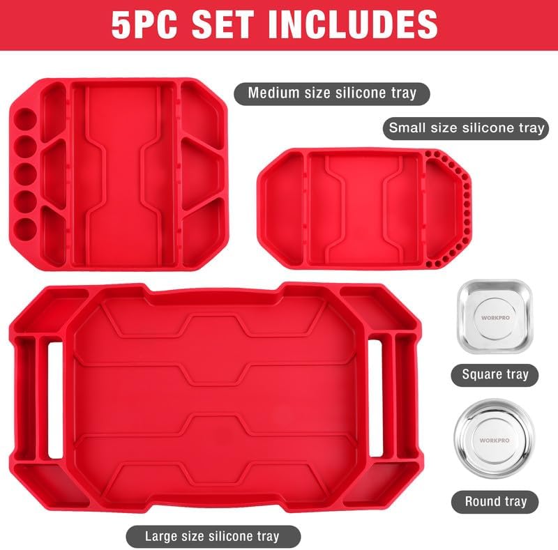 Five-piece tool tray set with red silicone trays and round and square magnetic inserts