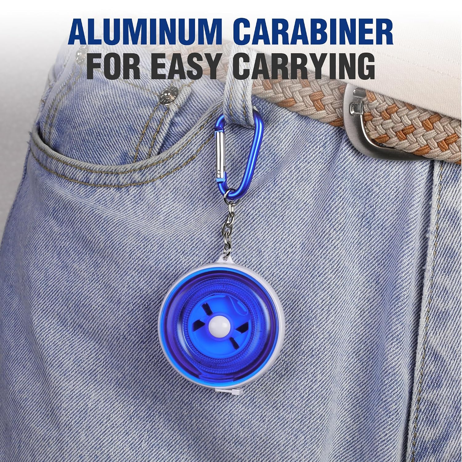 Blue retractable measuring tape clipped to denim with an aluminum carabiner