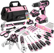 Pink cordless drill driver and 157-piece home tool set with black and pink storage bag