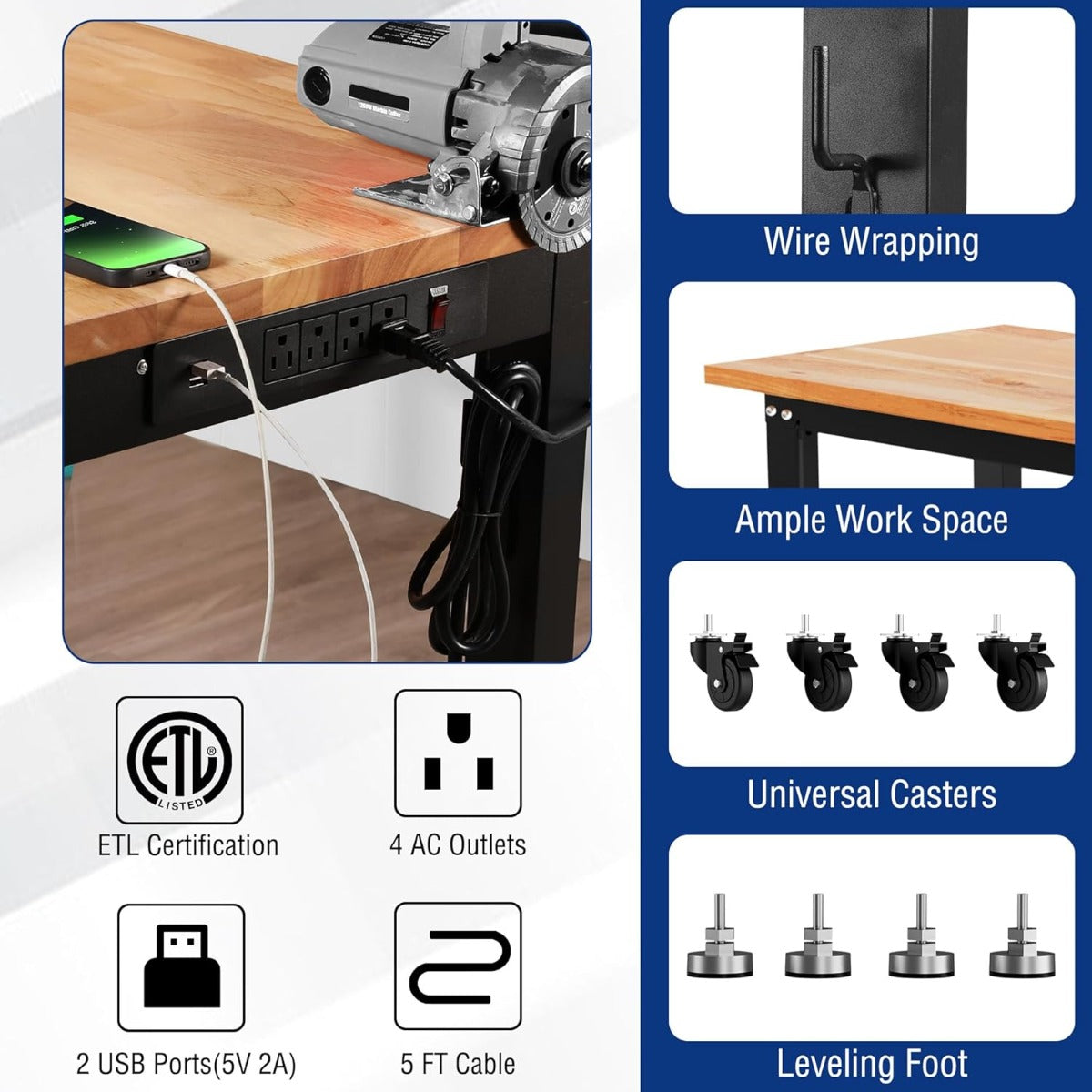 Adjustable workbench with light rubber wood top and black steel frame, power outlets