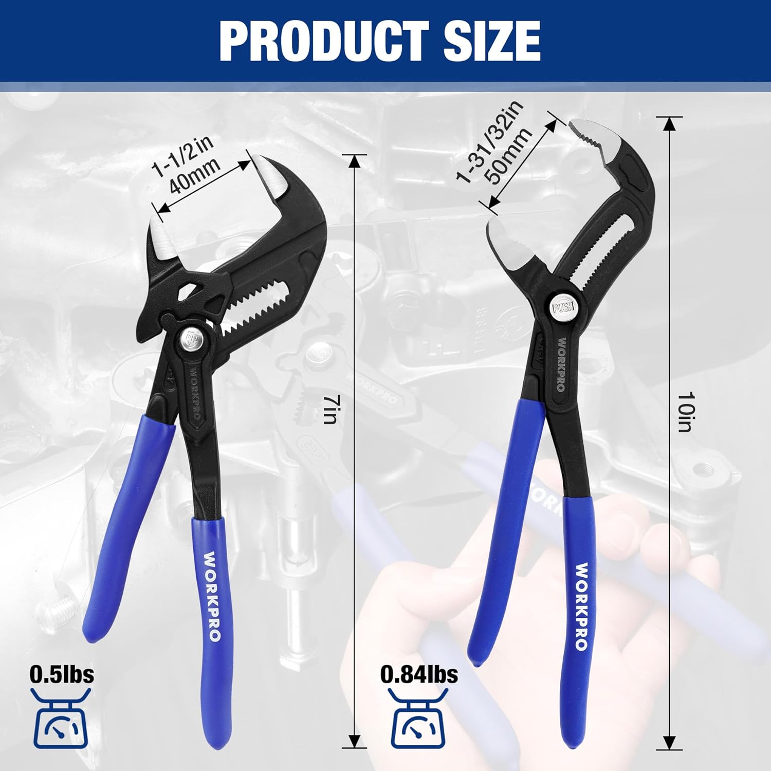 Two adjustable pliers with black jaws and blue ergonomic handles in different sizes