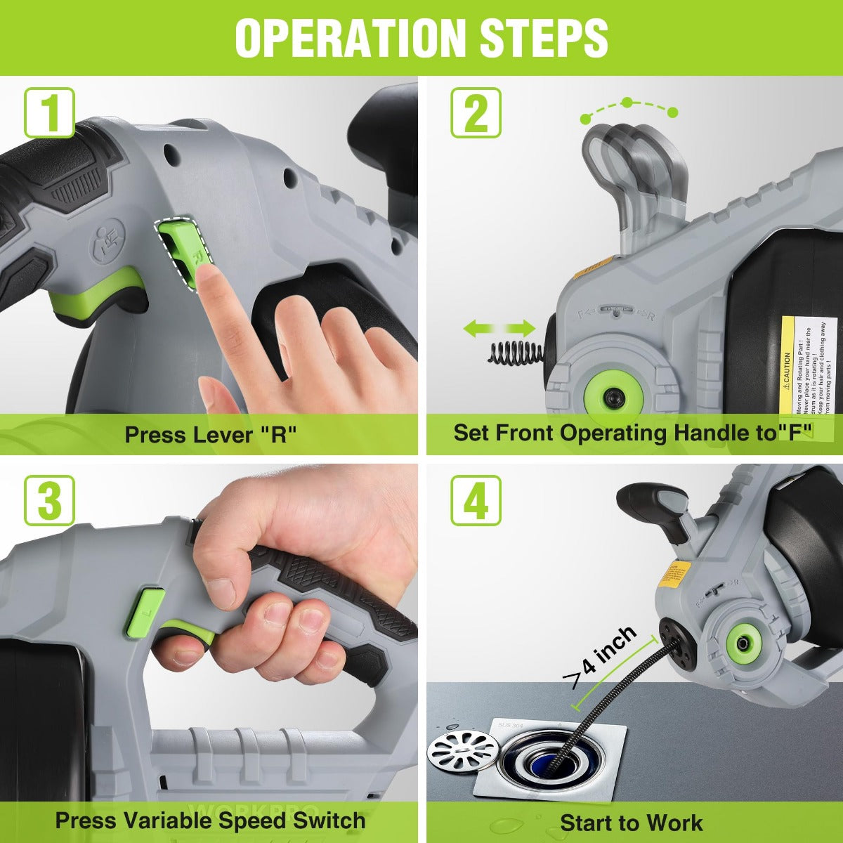 Electric drain auger operation steps showing lever and variable speed switch trigger