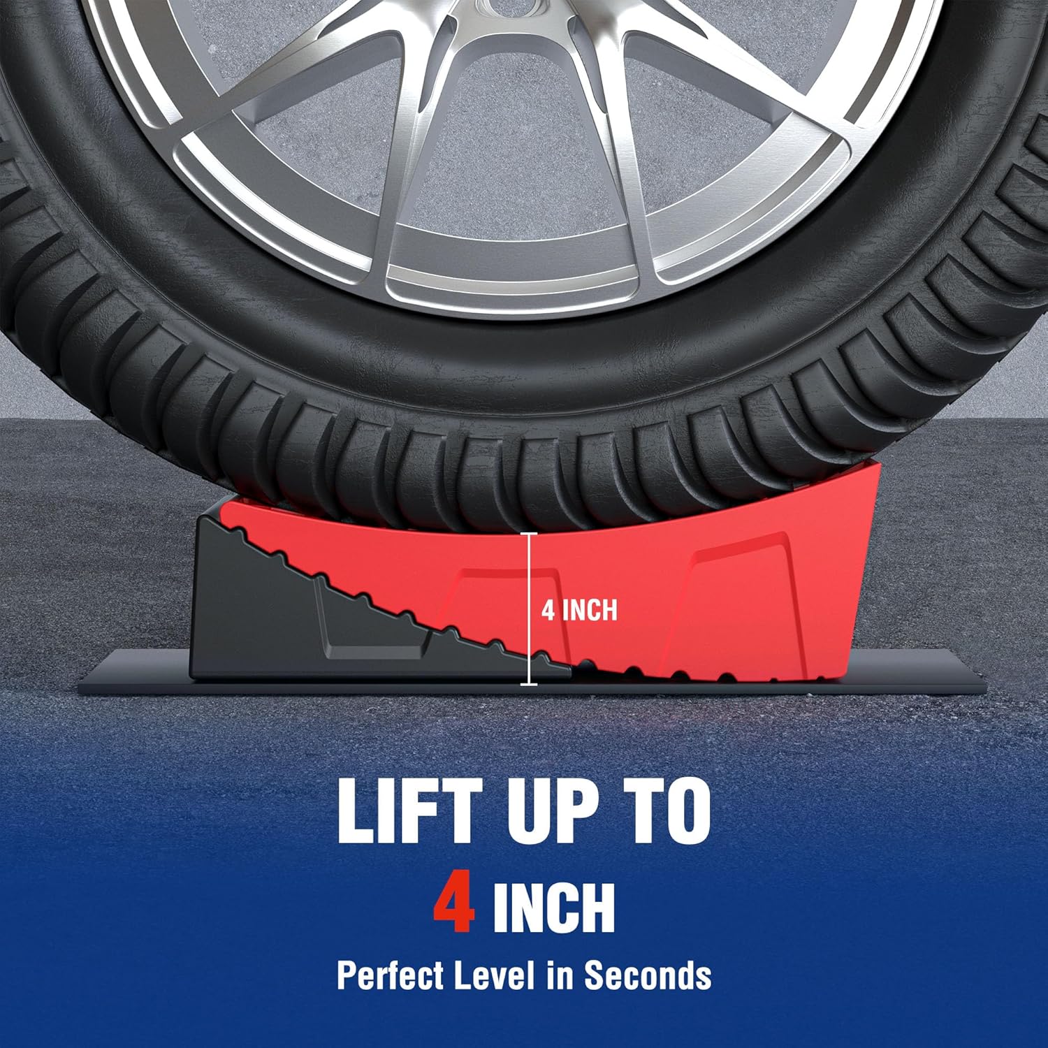 Red RV leveling block lifts up to 4 in with black anti-slip base