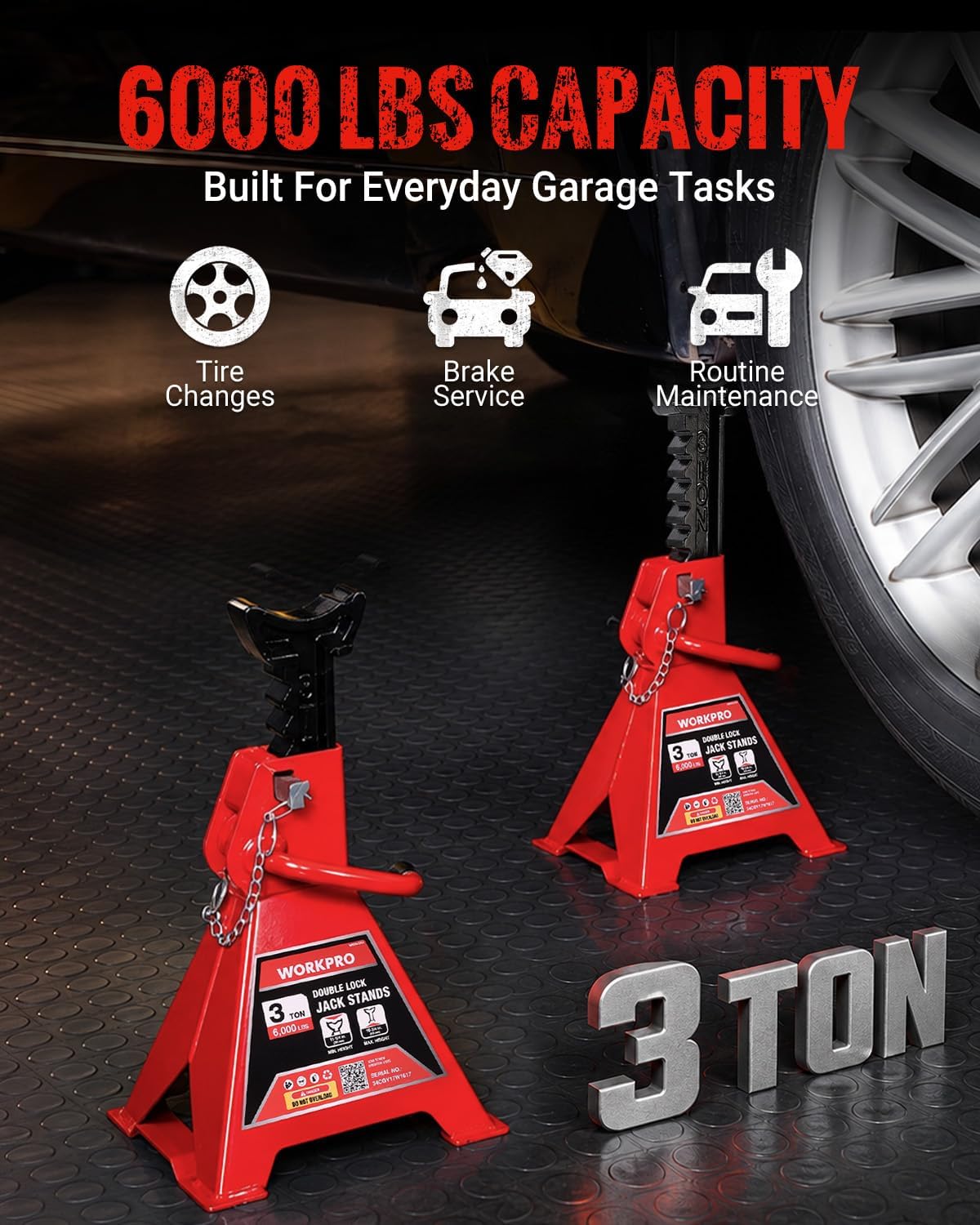 WORKPRO 3 ton jack stands in red steel with double-lock mechanism, shown as a pair on a garage floor mat