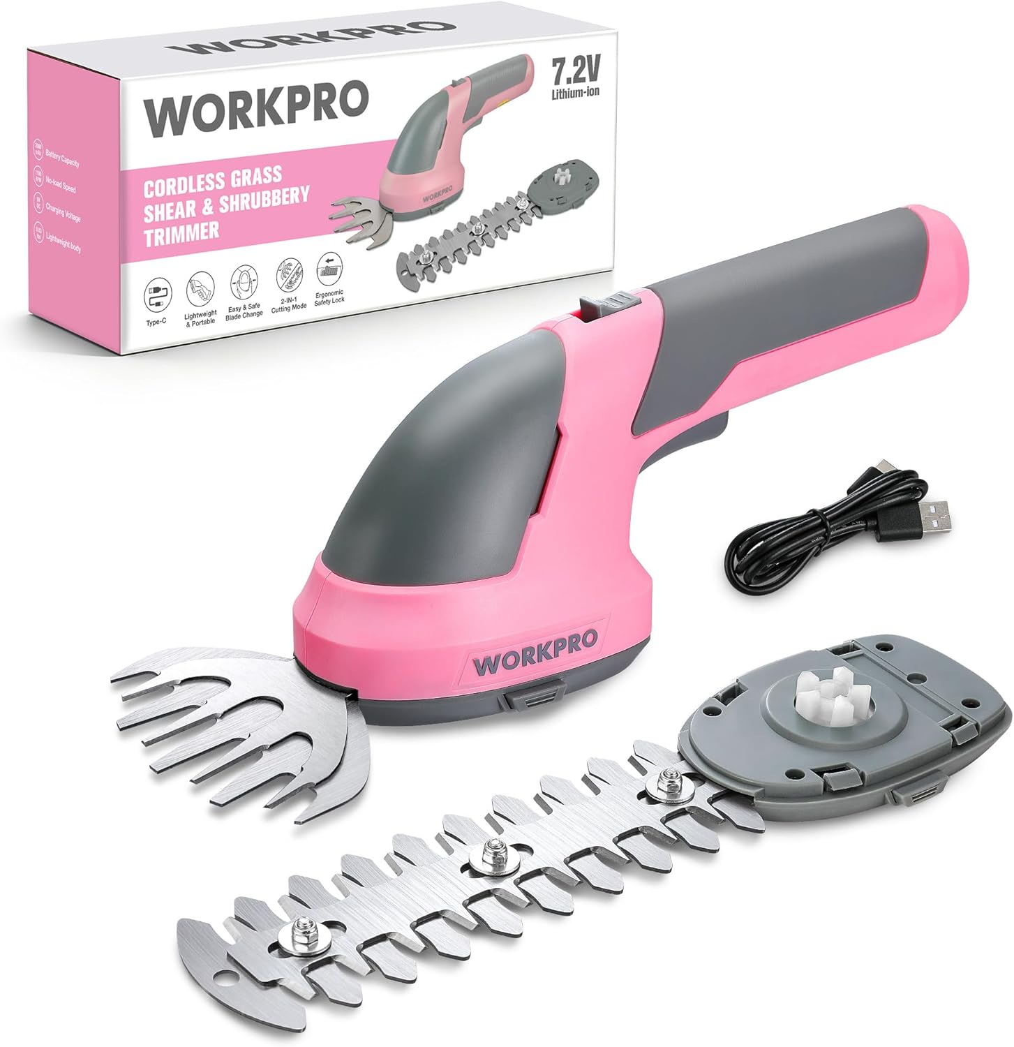 Pink cordless grass shear and hedge trimmer with hedge blades and Type-C cable