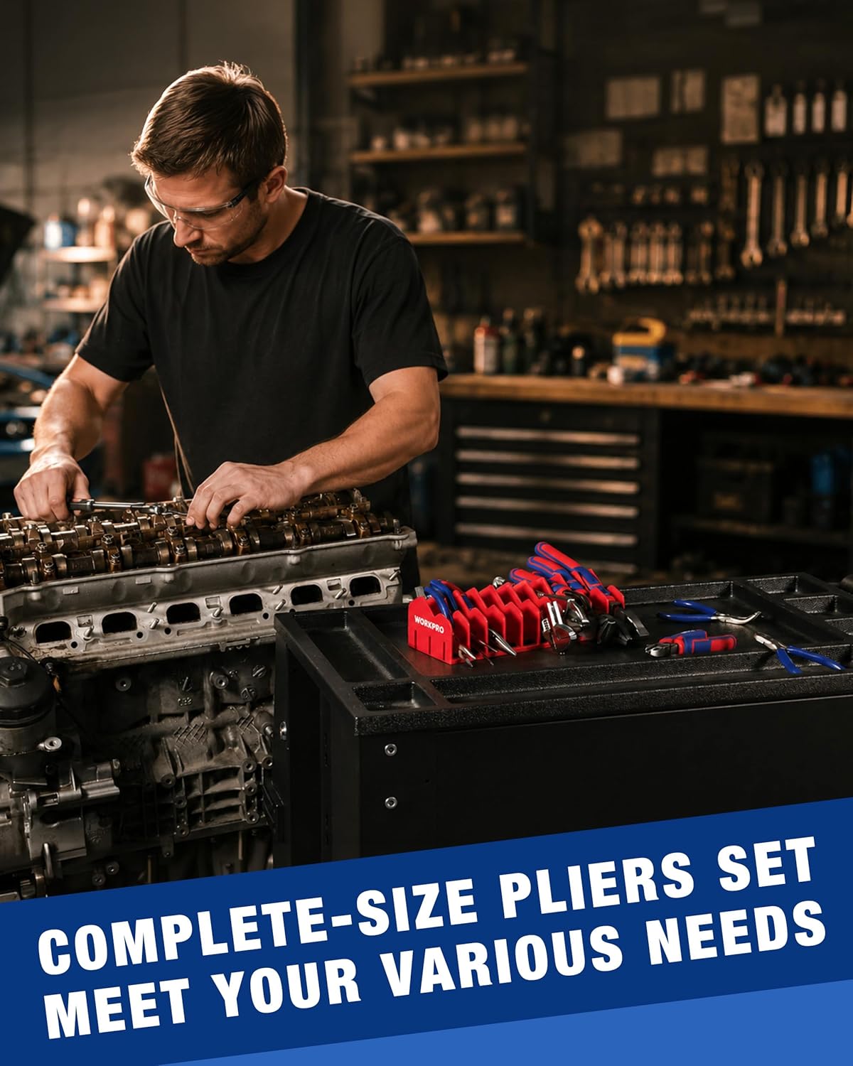 WORKPRO complete-size pliers set in a black case with red-handled tools