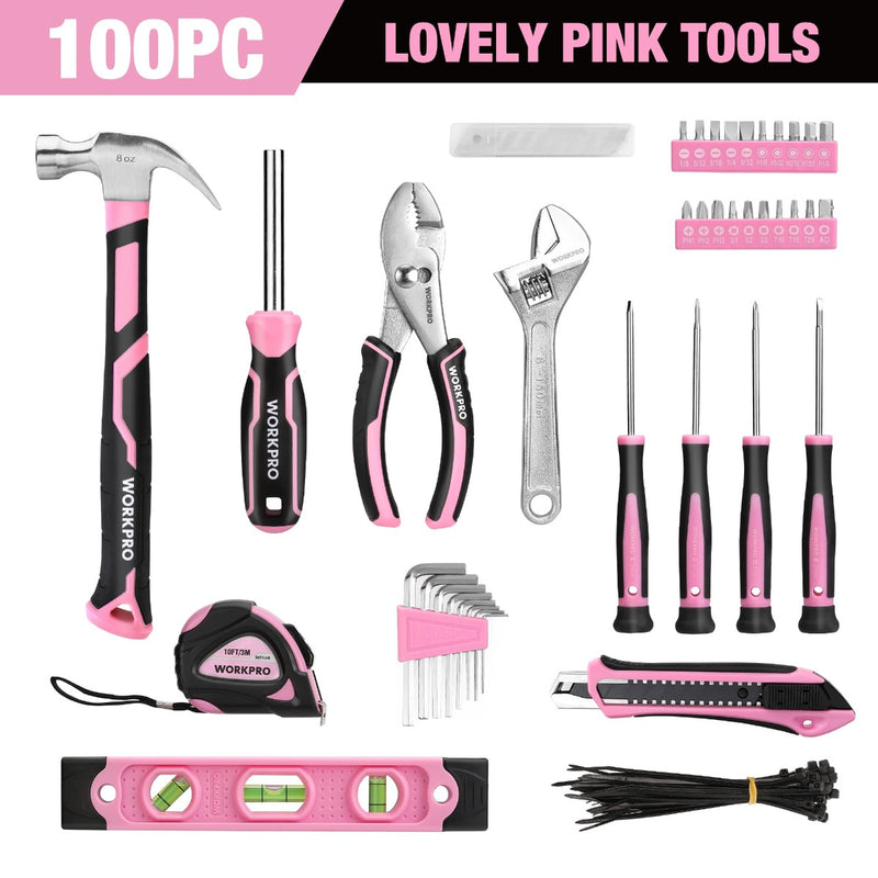 WORKPRO 100 Pcs Pink Household Tool Kit - Pink Ribbon