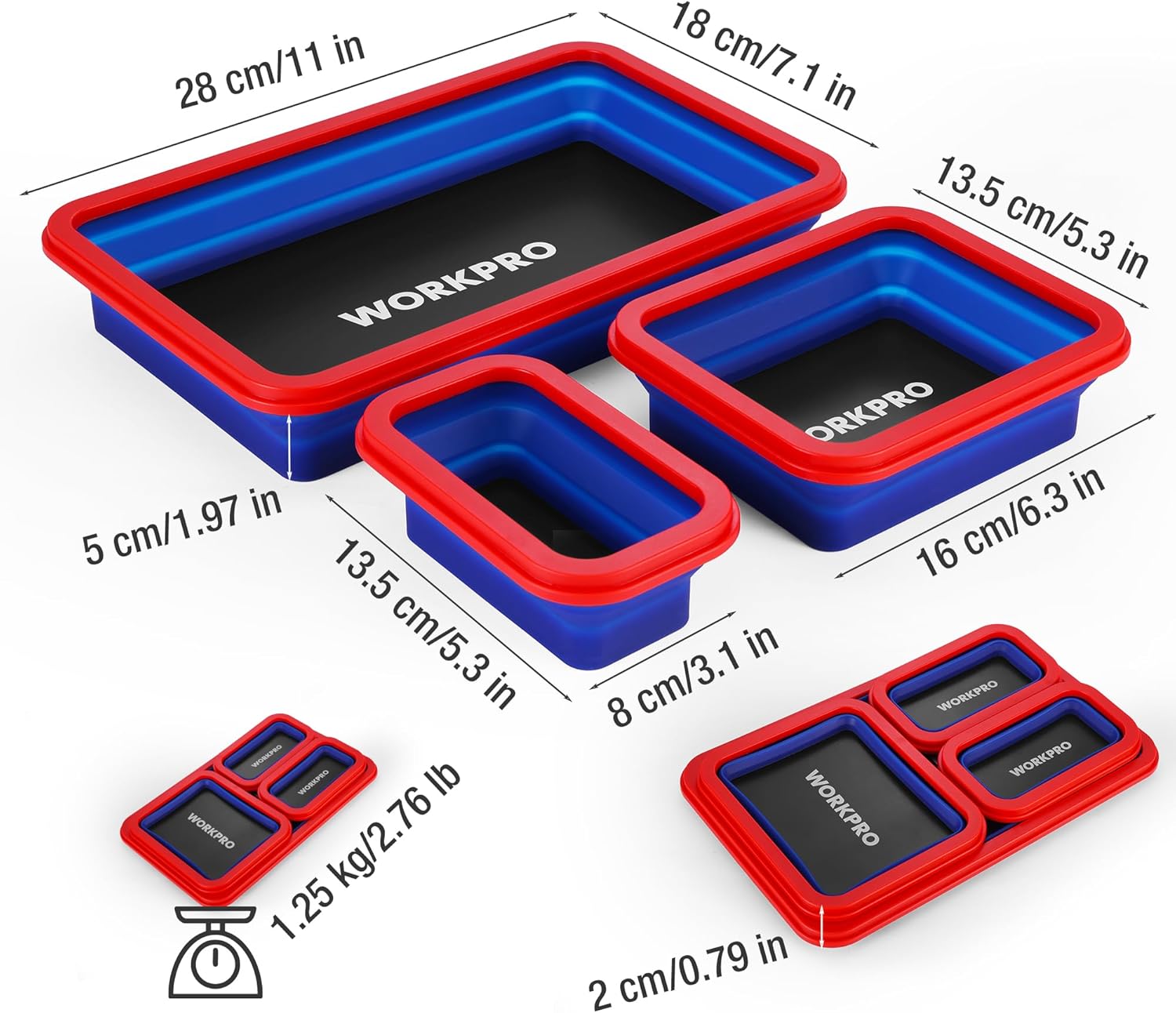 Red-and-blue collapsible magnetic parts trays in several sizes, stacked